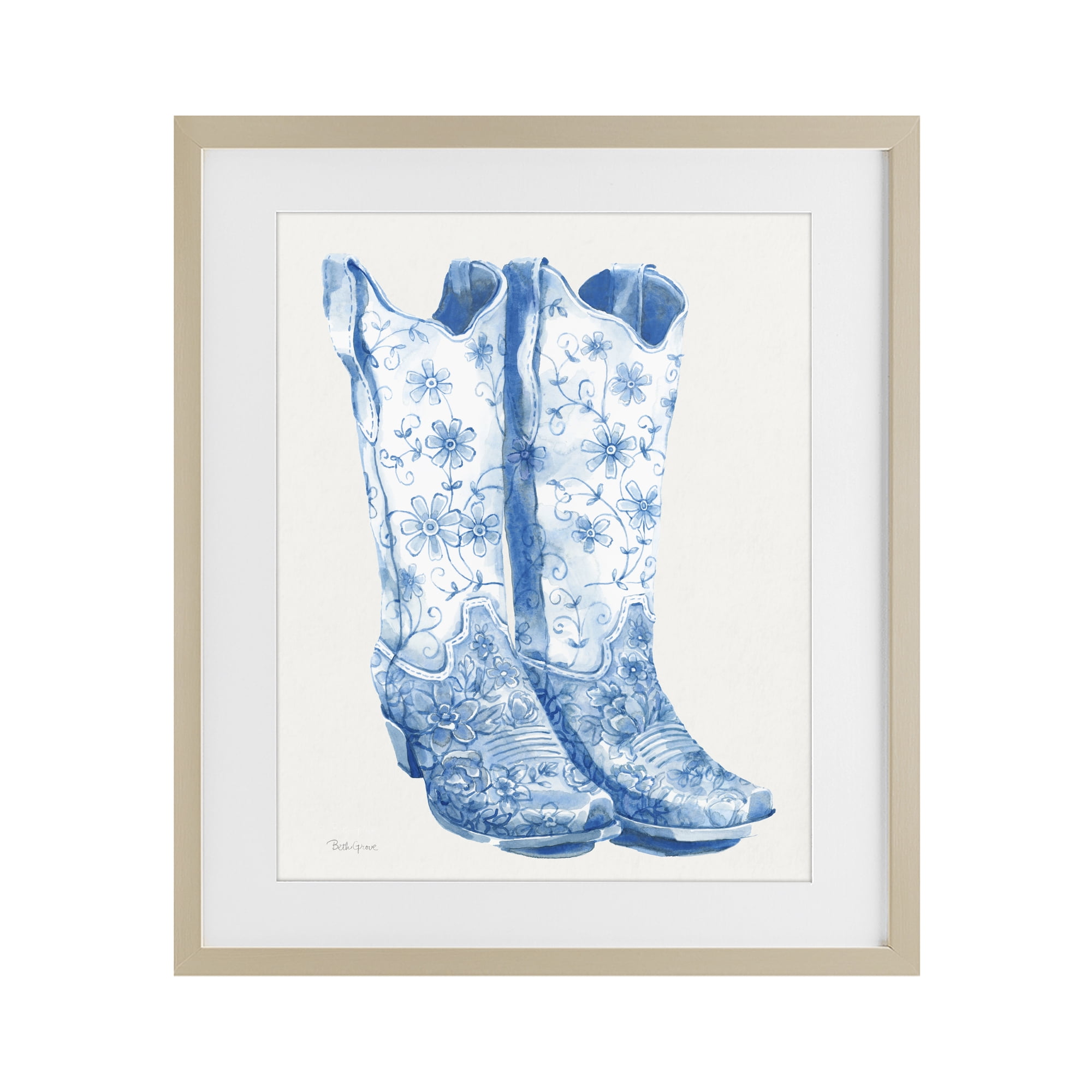 Stupell Industries Blue Boots with Floral Embroidery Birch Framed Print Under Glass, design by Beth Grove