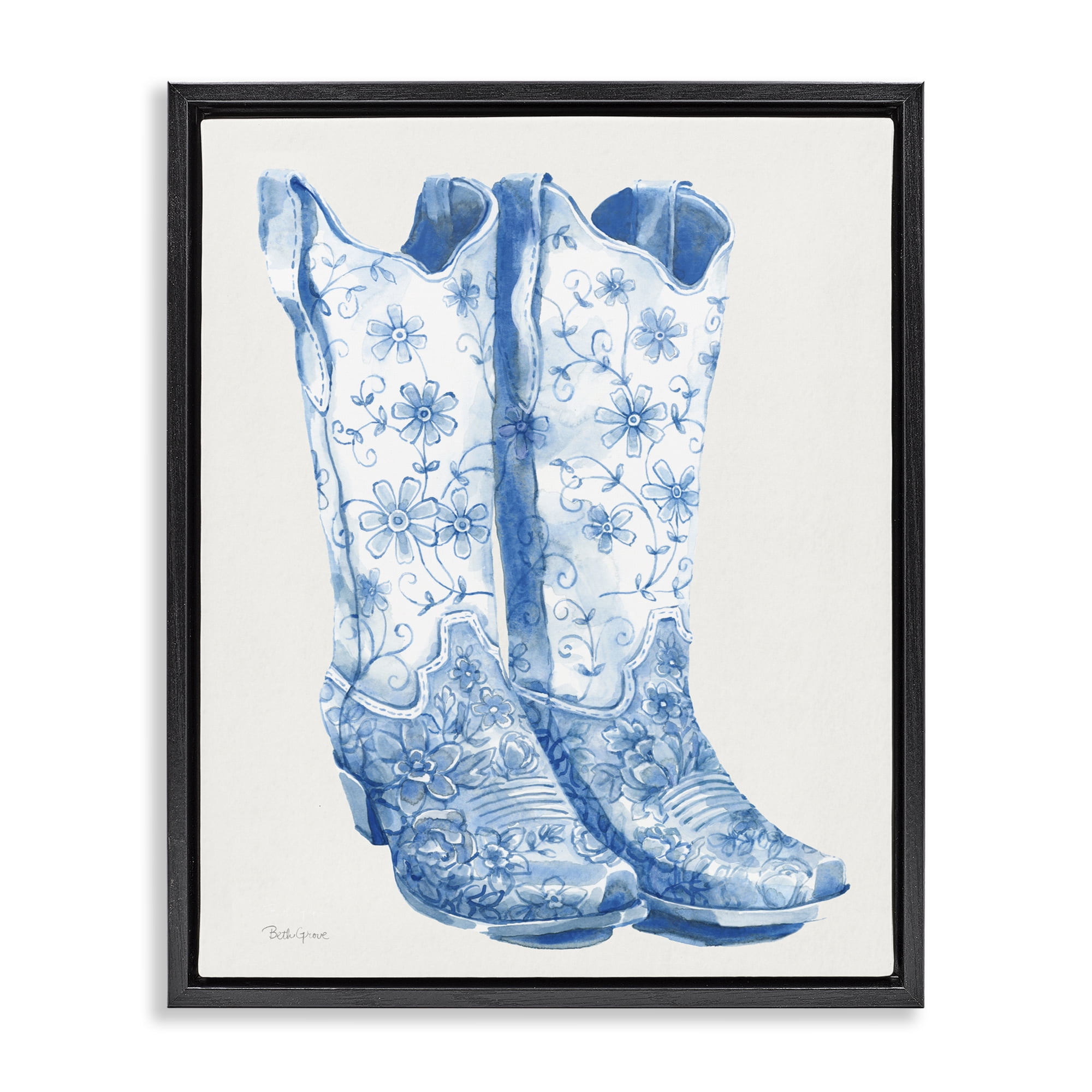Stupell Industries Blue Boots with Floral Embroidery Black Framed Floater Canvas Wall Art, design by Beth Grove