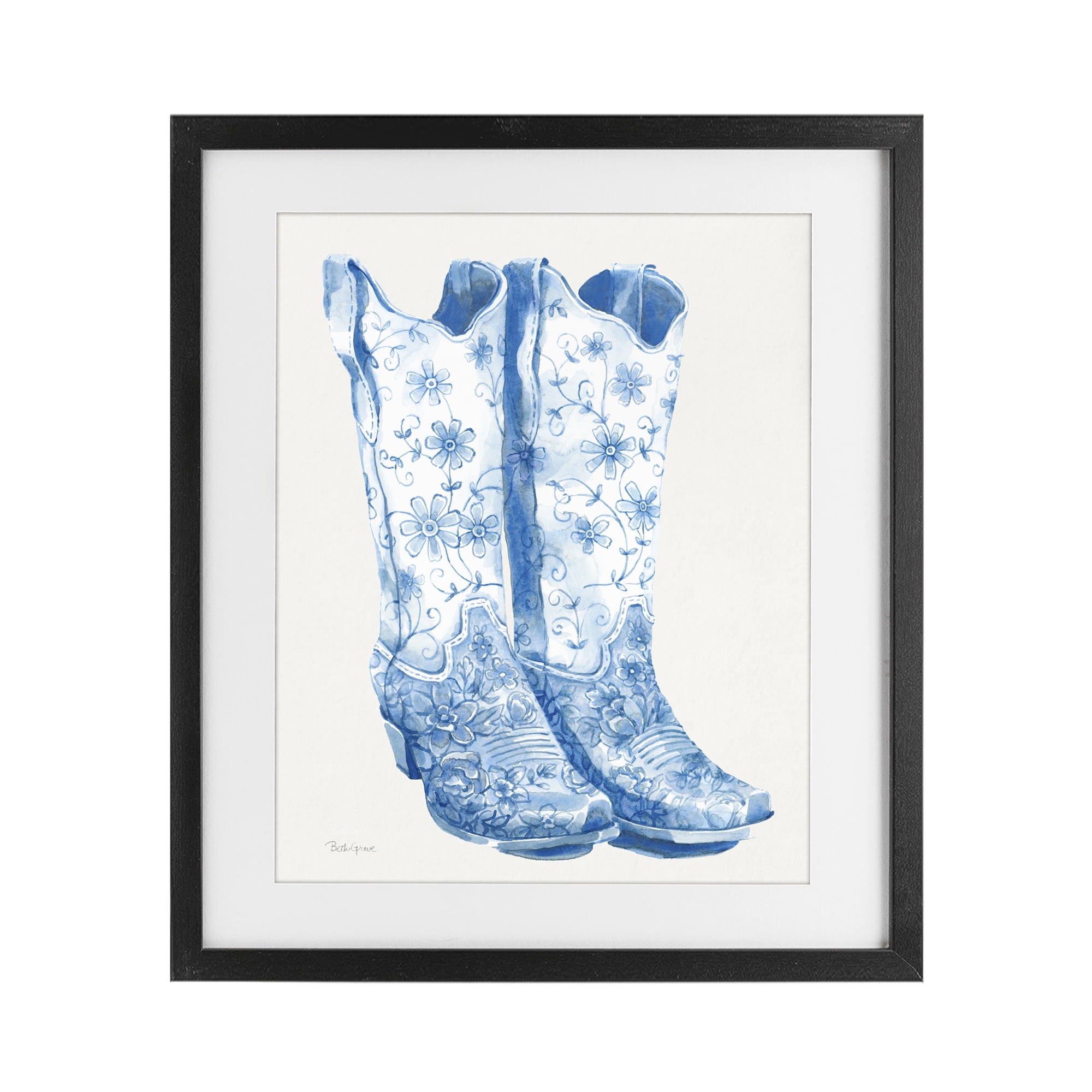 Stupell Industries Blue Boots with Floral Embroidery Black Framed Print Under Glass, design by Beth Grove