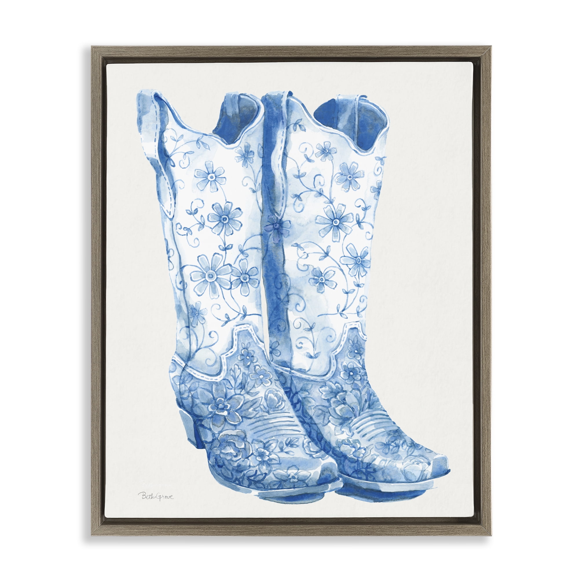 Stupell Industries Blue Boots with Floral Embroidery Brown Framed Floater Canvas Wall Art, design by Beth Grove