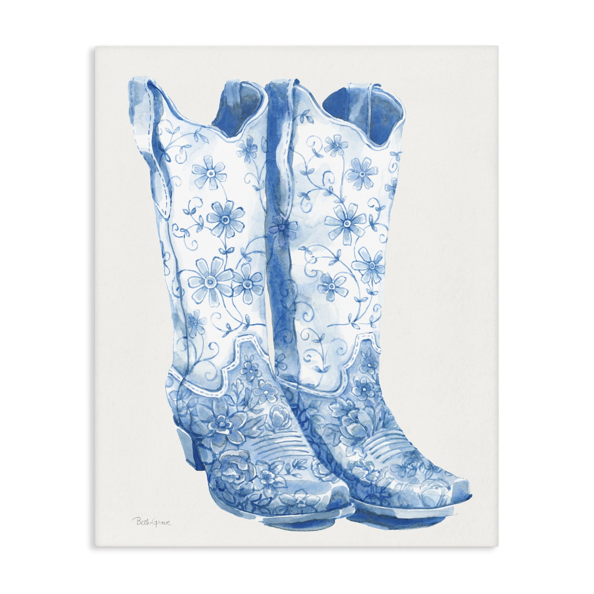 Stupell Industries Blue Boots with Floral Embroidery Canvas Wall Art ...