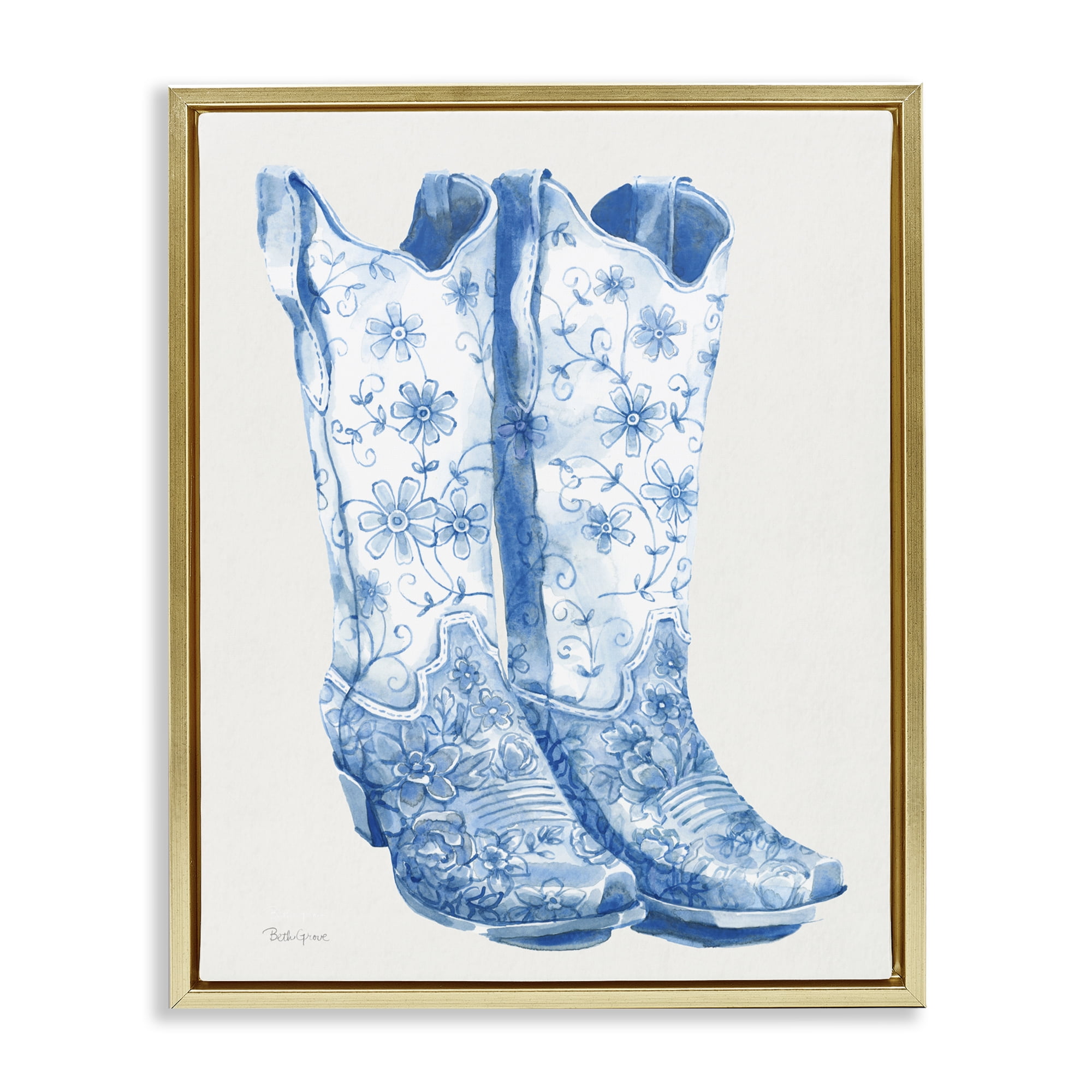 Stupell Industries Blue Boots with Floral Embroidery Gold Framed Floater Canvas Wall Art, design by Beth Grove