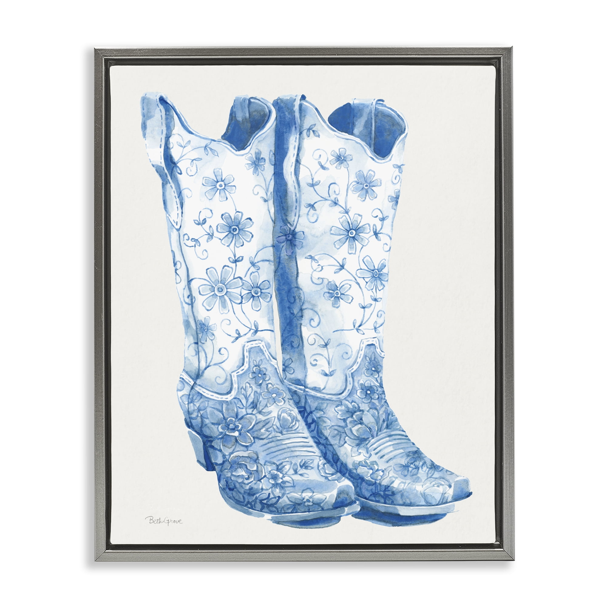 Stupell Industries Blue Boots with Floral Embroidery Gray Framed Floater Canvas Wall Art, design by Beth Grove