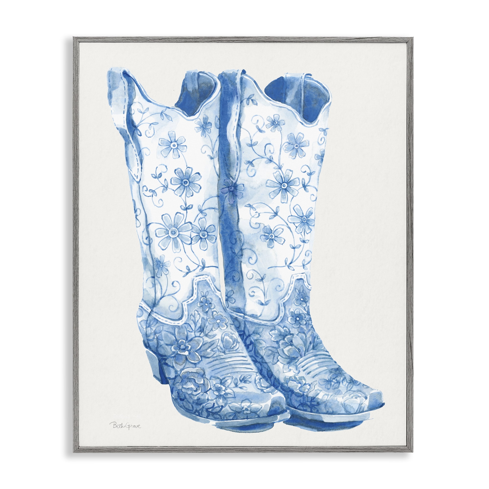 Stupell Industries Blue Boots with Floral Embroidery Gray Framed Giclee Art, design by Beth Grove