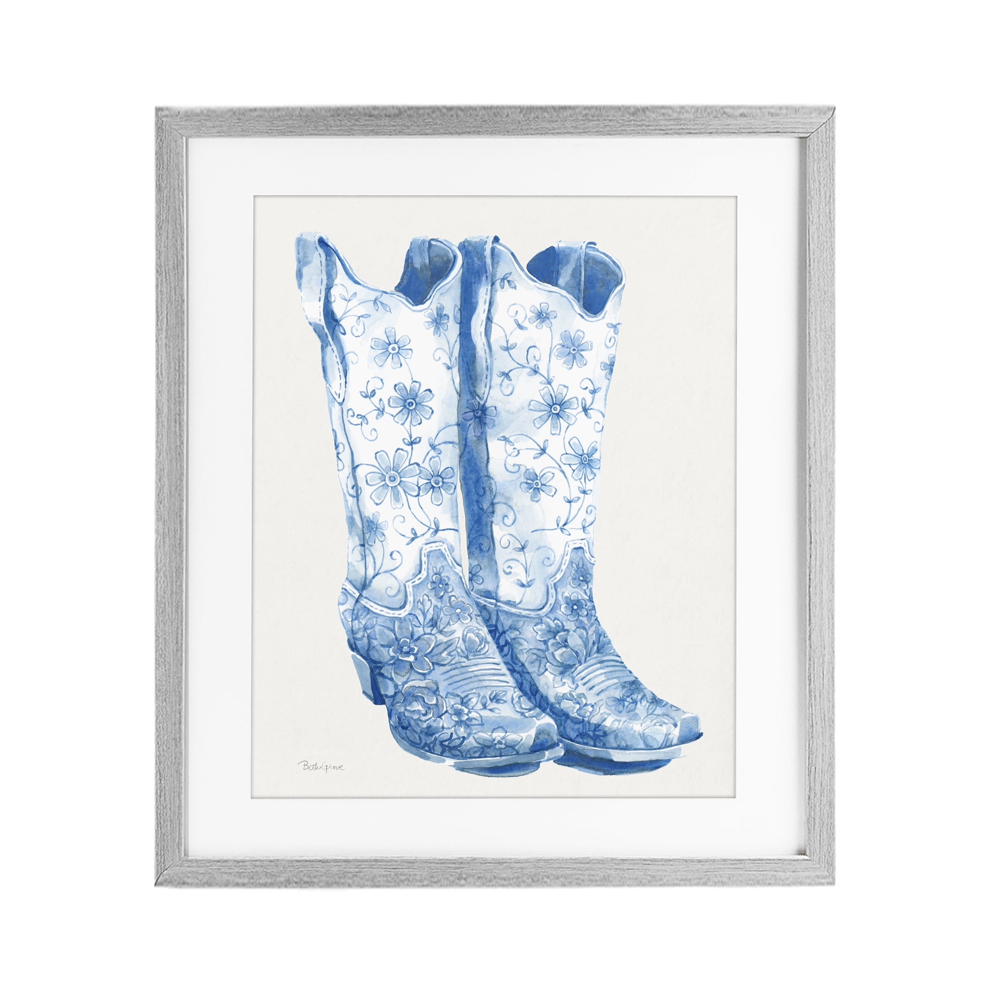 Stupell Industries Blue Boots with Floral Embroidery Gray Framed Print Under Glass, design by Beth Grove