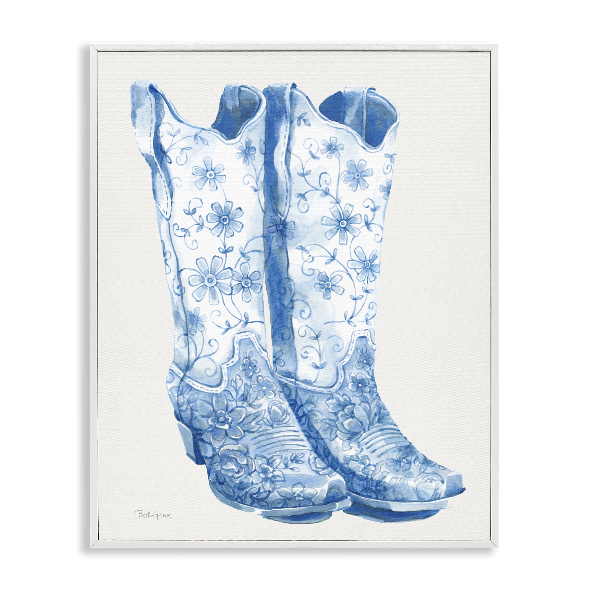 Stupell Industries Blue Boots with Floral Embroidery White Framed Giclee Art, design by Beth Grove