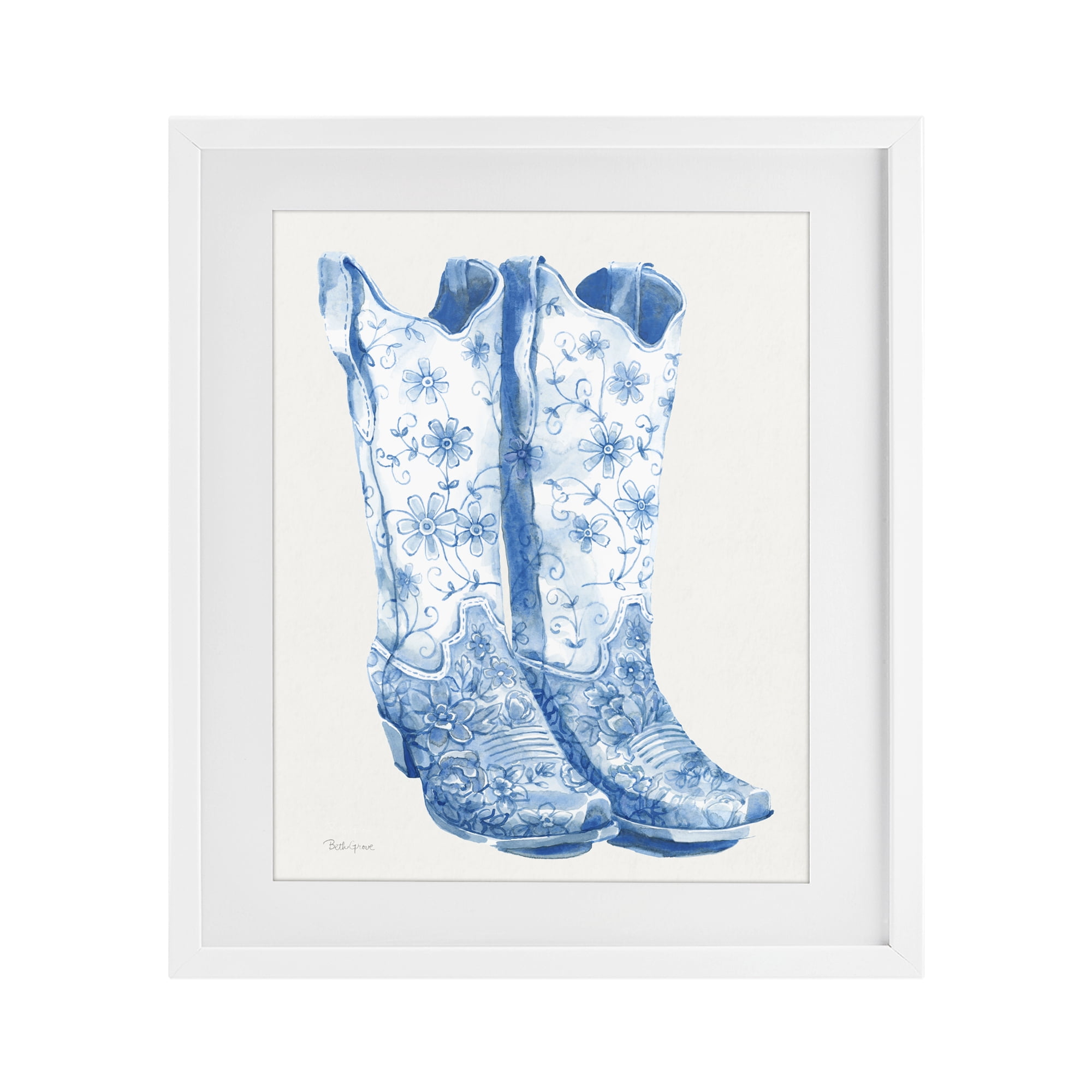 Stupell Industries Blue Boots with Floral Embroidery White Framed Print Under Glass, design by Beth Grove