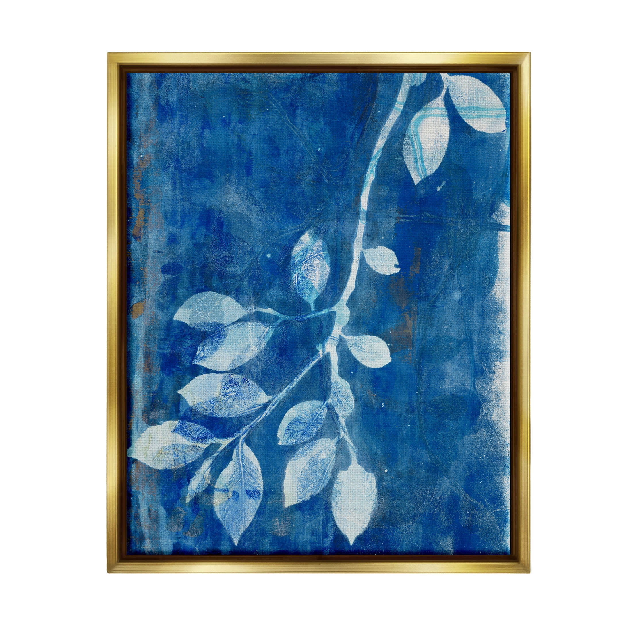 Stupell Industries Blue Botanical Leaves Graphic Art Metallic Gold Floating Framed Canvas Print Wall Art, Design by Liz St. Andre