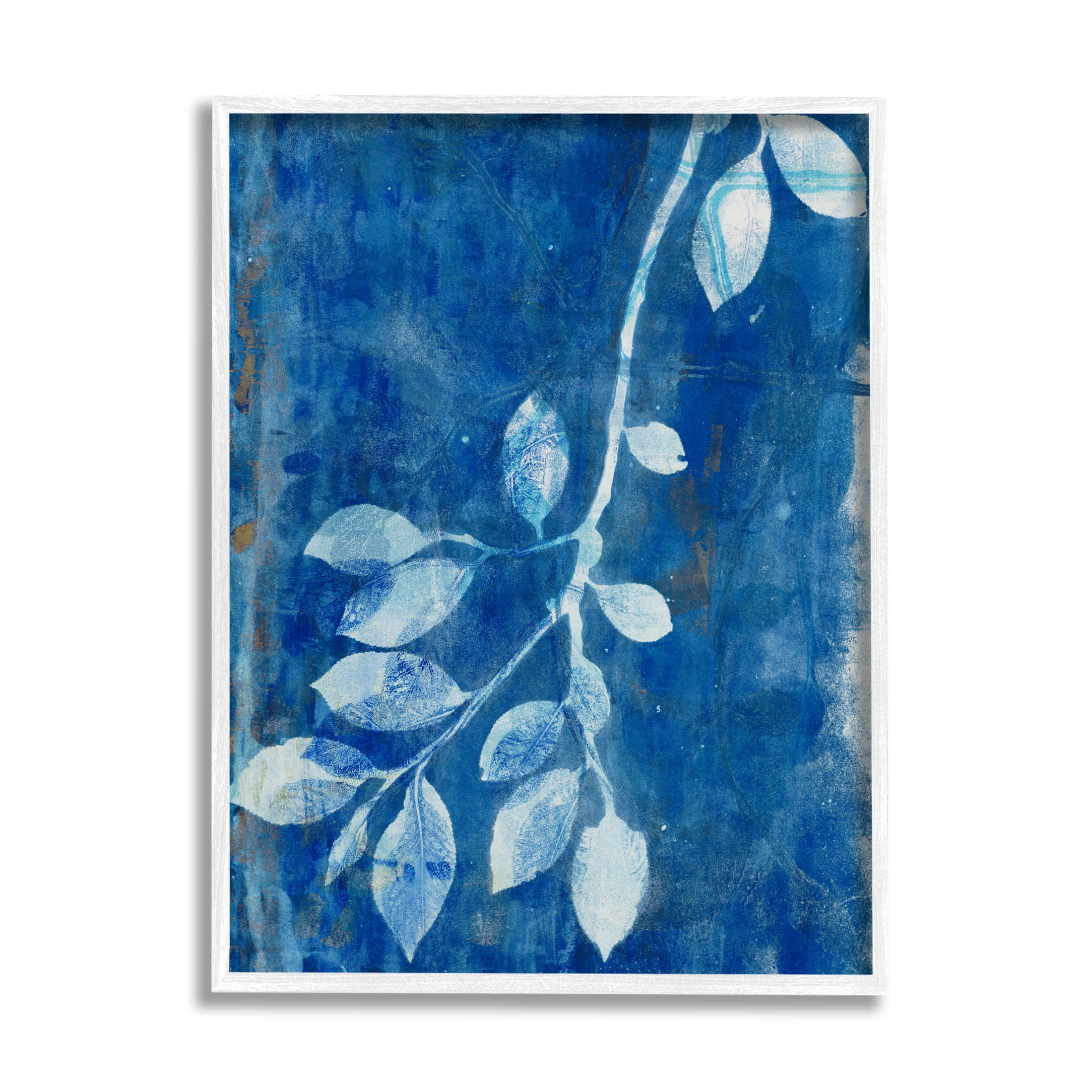 White Framed Blue Botanical Leaves Wood Grain Art Print