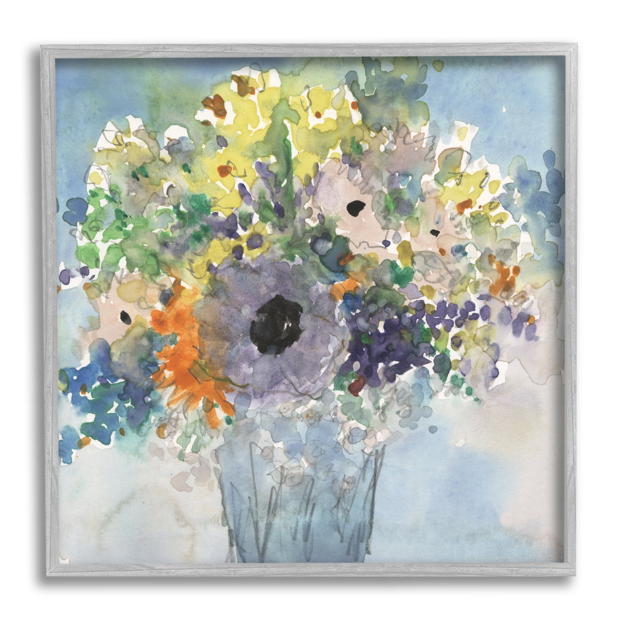 Stupell Industries Blue Bouquet Watercolor Botanical & Floral Painting Gray Framed Art Print Wall Art, 12 x 12