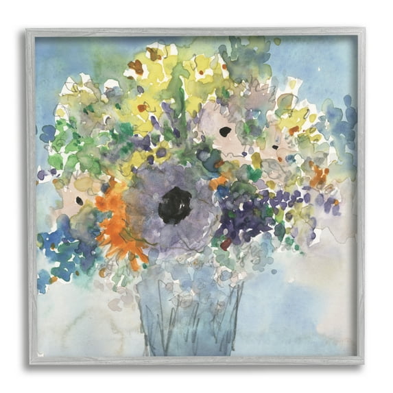 Stupell Industries Blue Bouquet Watercolor Botanical & Floral Painting Gray Framed Art Print Wall Art, 17 x 17