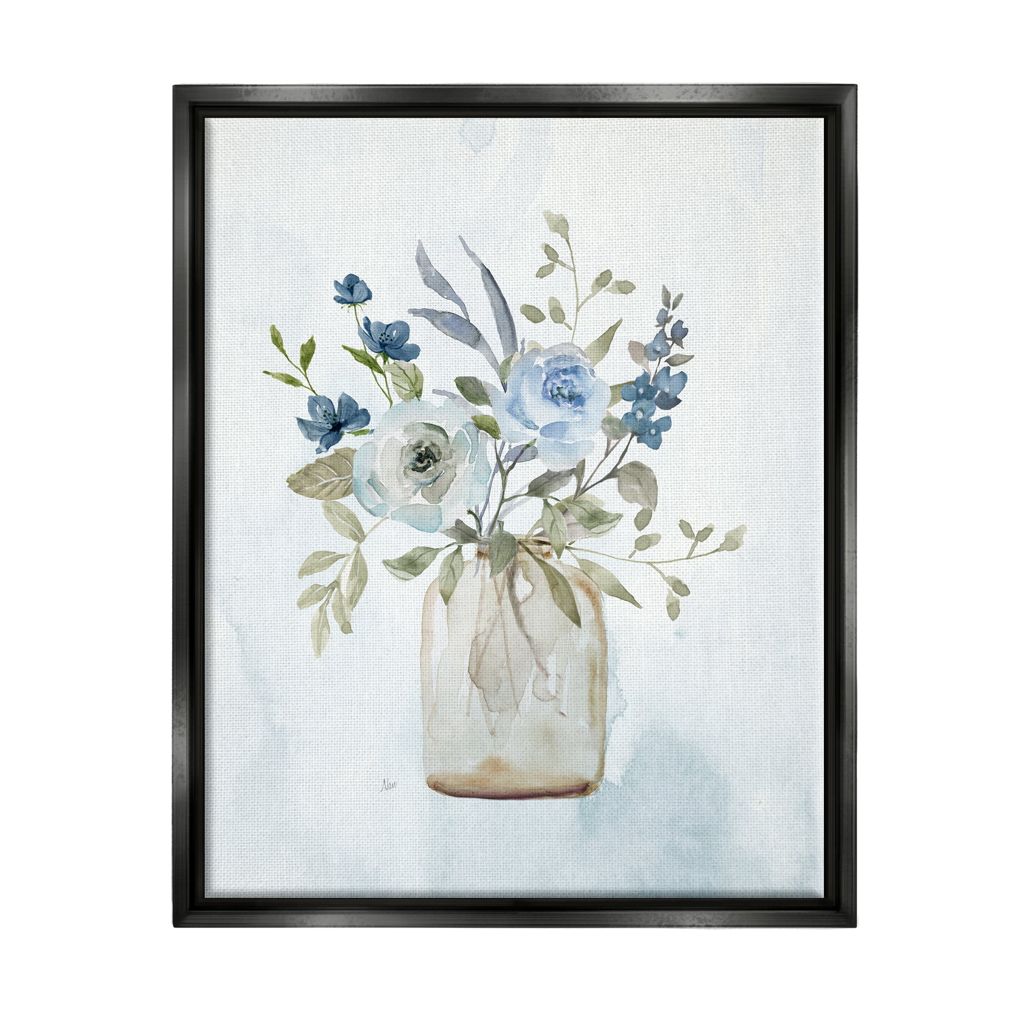 Stupell Industries Blue Bouquet in Jar Botanical & Floral Painting Black Floater Framed Canvas Art Print Wall Art, 25 x 31