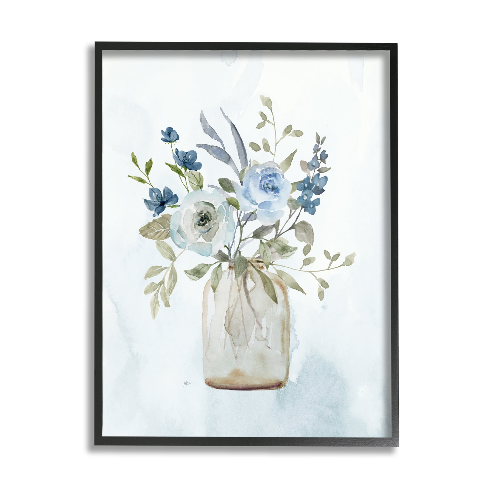 Stupell Industries Blue Bouquet in Jar Botanical & Floral Painting Black Framed Art Print Wall Art, 16 x 20