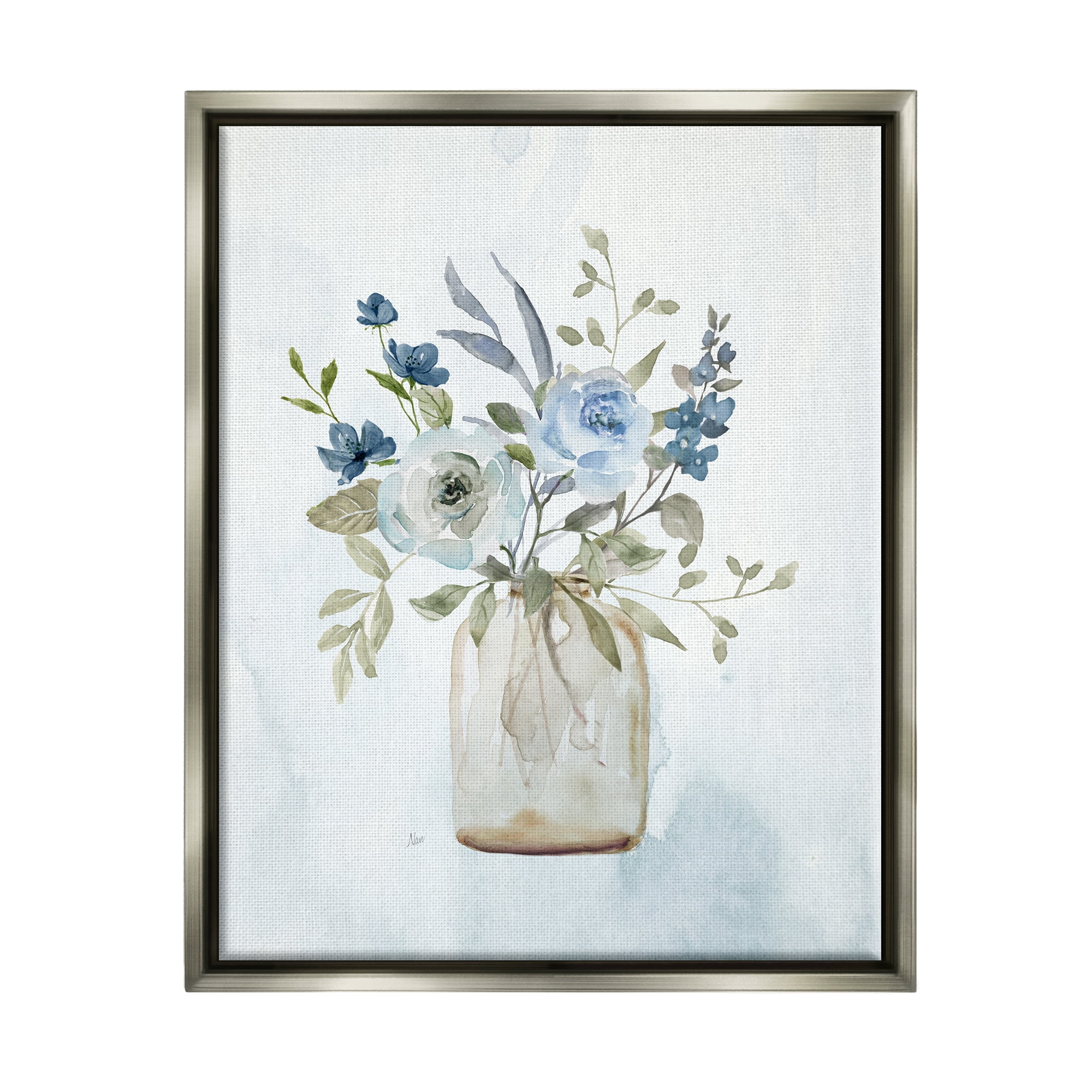 Stupell Industries Blue Bouquet in Jar Botanical & Floral Painting Gray Floater Framed Canvas Art Print Wall Art, 25 x 31