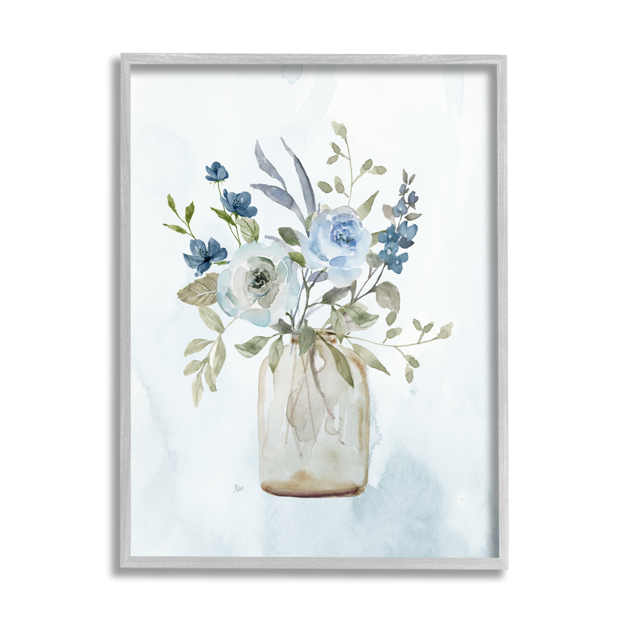 11 x 14 Blue Bouquet in Jar Canvas Print with Gray Frame