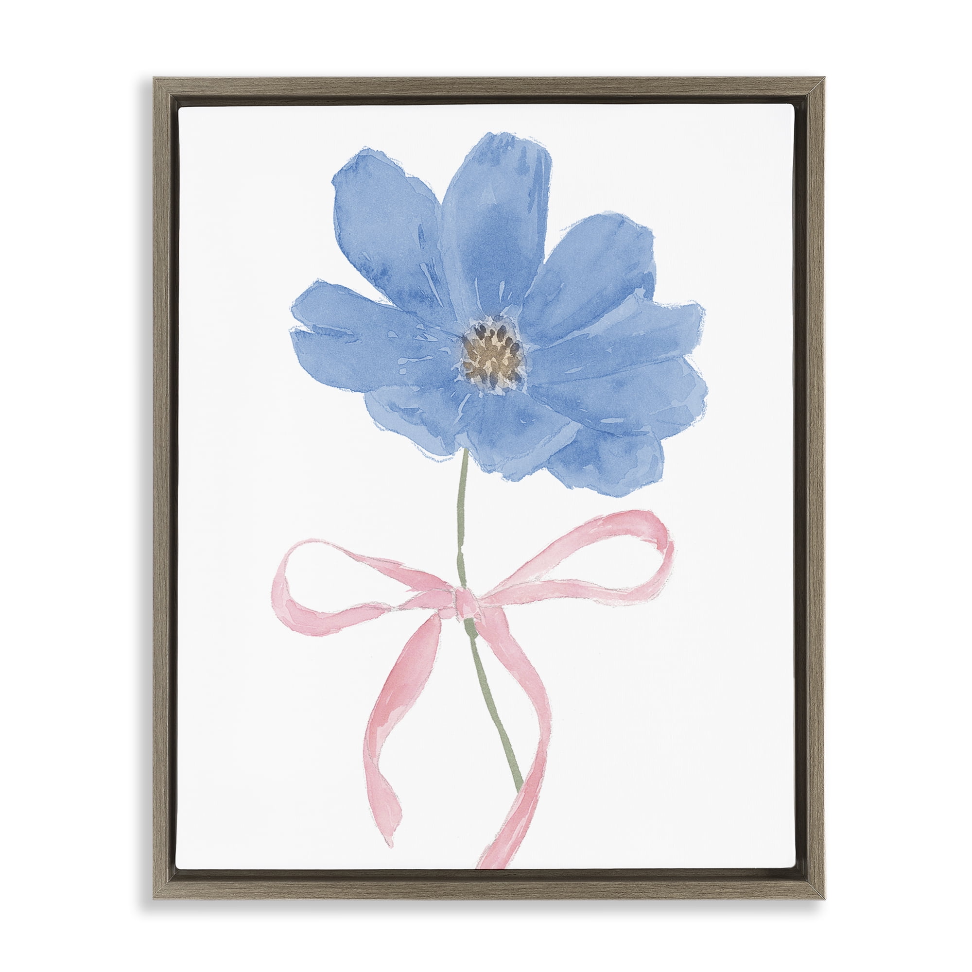Stupell Industries Blue Bow Bloom Brown Framed Floater Canvas Wall Art, design by Lucille Price