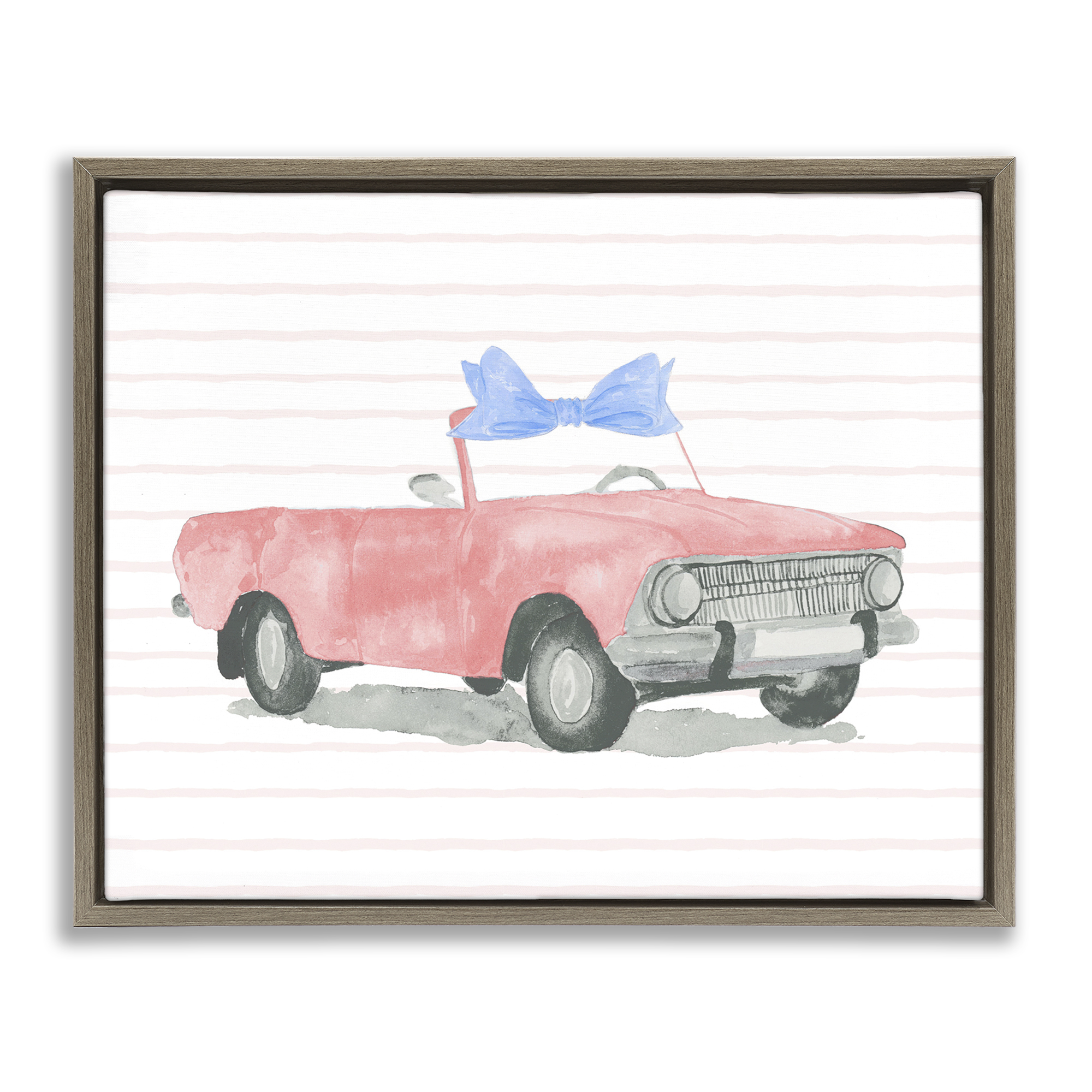 Stupell Industries Blue Bow on Antique Car Transportation Painting Brown Floater Framed Canvas Art Print Wall Art, 21 x 17