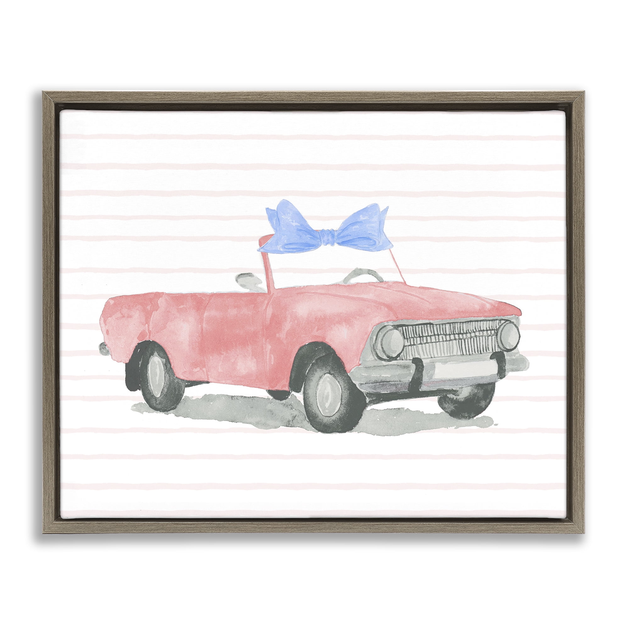 Stupell Industries Blue Bow on Antique Car Transportation Painting Brown Floater Framed Canvas Art Print Wall Art, 31 x 25