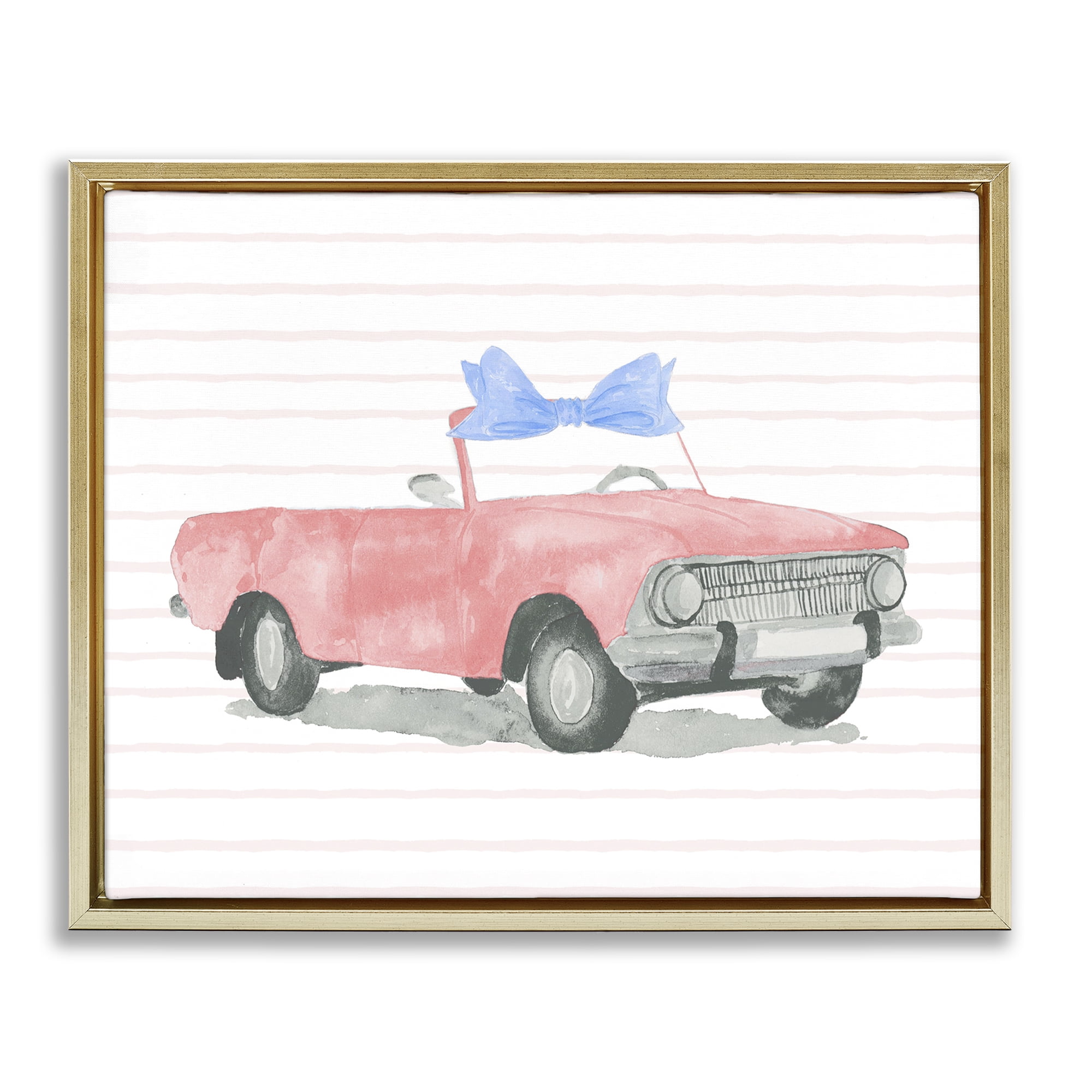 Stupell Industries Blue Bow on Antique Car Transportation Painting Gold Floater Framed Canvas Art Print Wall Art, 21 x 17