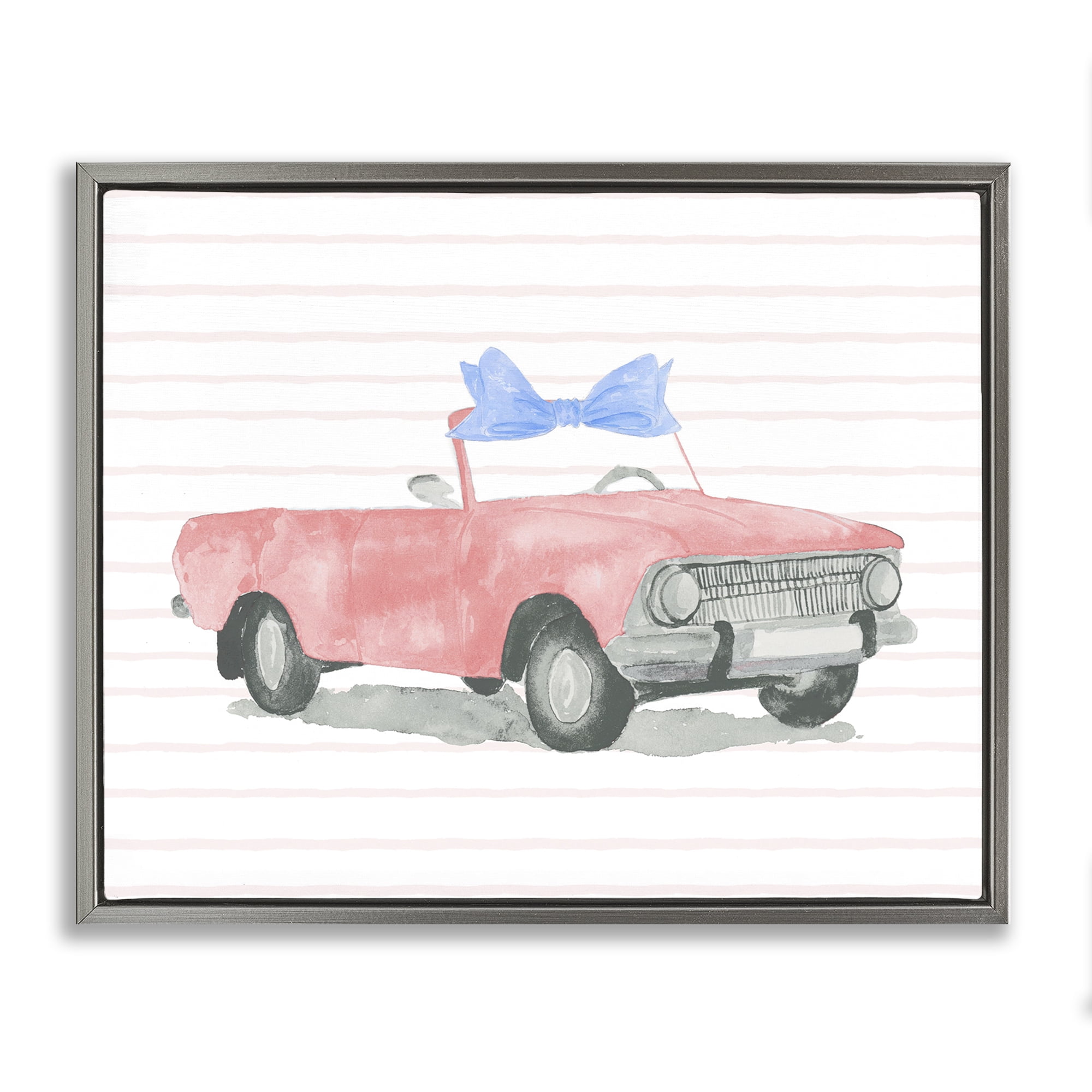 Stupell Industries Blue Bow on Antique Car Transportation Painting Gray Floater Framed Canvas Art Print Wall Art, 31 x 25