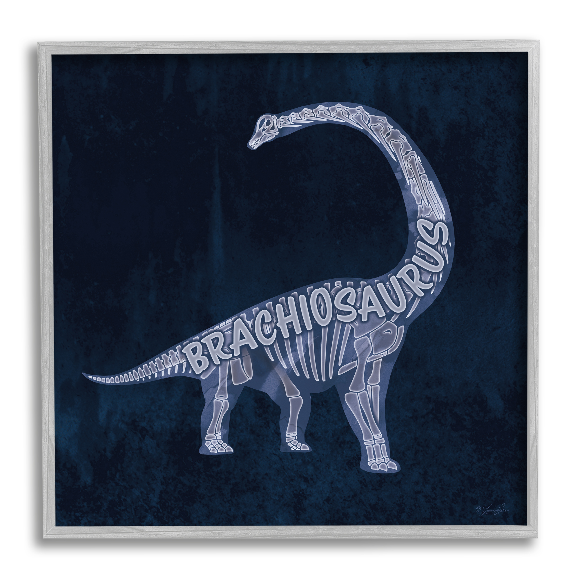 Stupell Industries Blue Brachiosaurus Skeleton Animals & Insects Painting Gray Framed Art Print Wall Art, 24 x 24