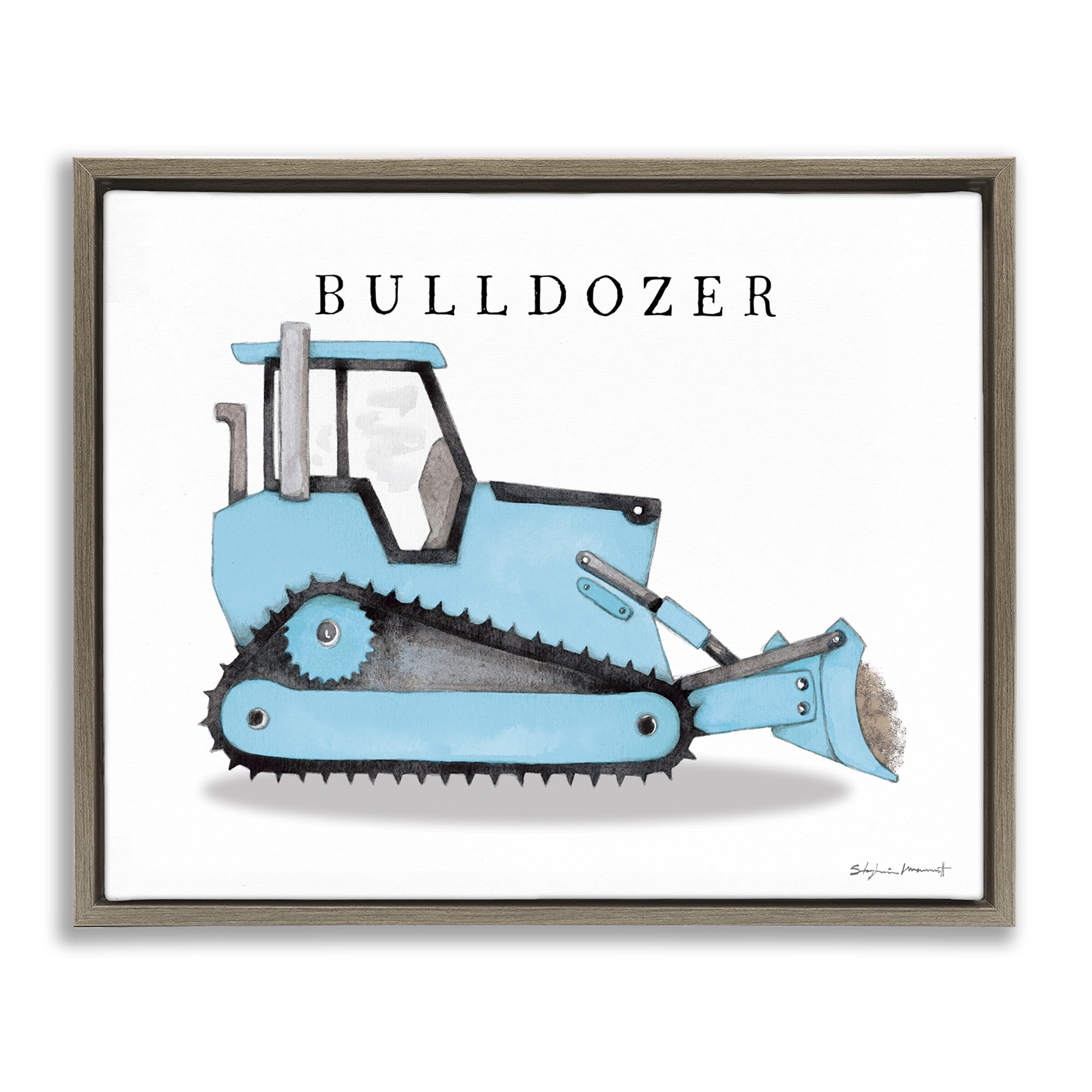 Stupell Industries Blue Bulldozer Construction Machine Art for Kids Painting Brown Floater Framed Canvas Art Print Wall Art, 21 x 17