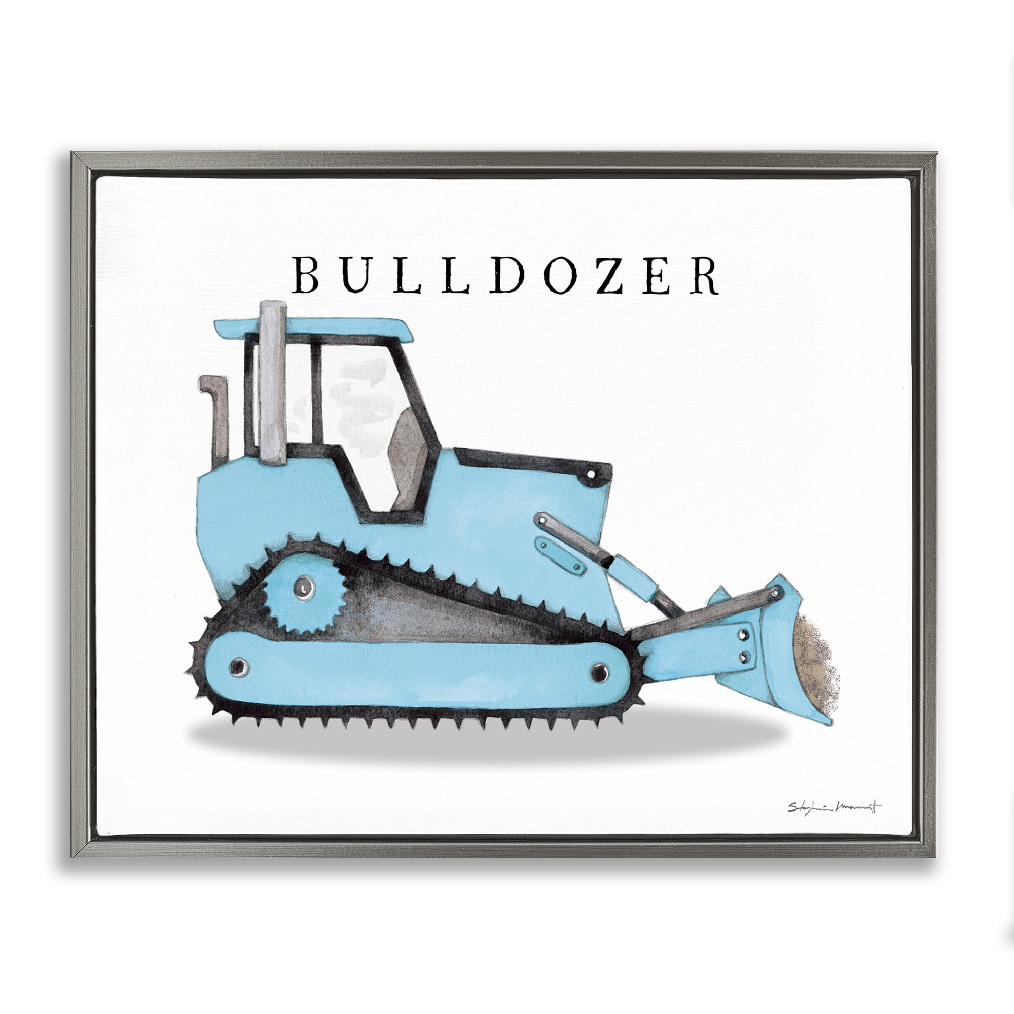Stupell Industries Blue Bulldozer Construction Machine Art for Kids Painting Gray Floater Framed Canvas Art Print Wall Art, 31 x 25