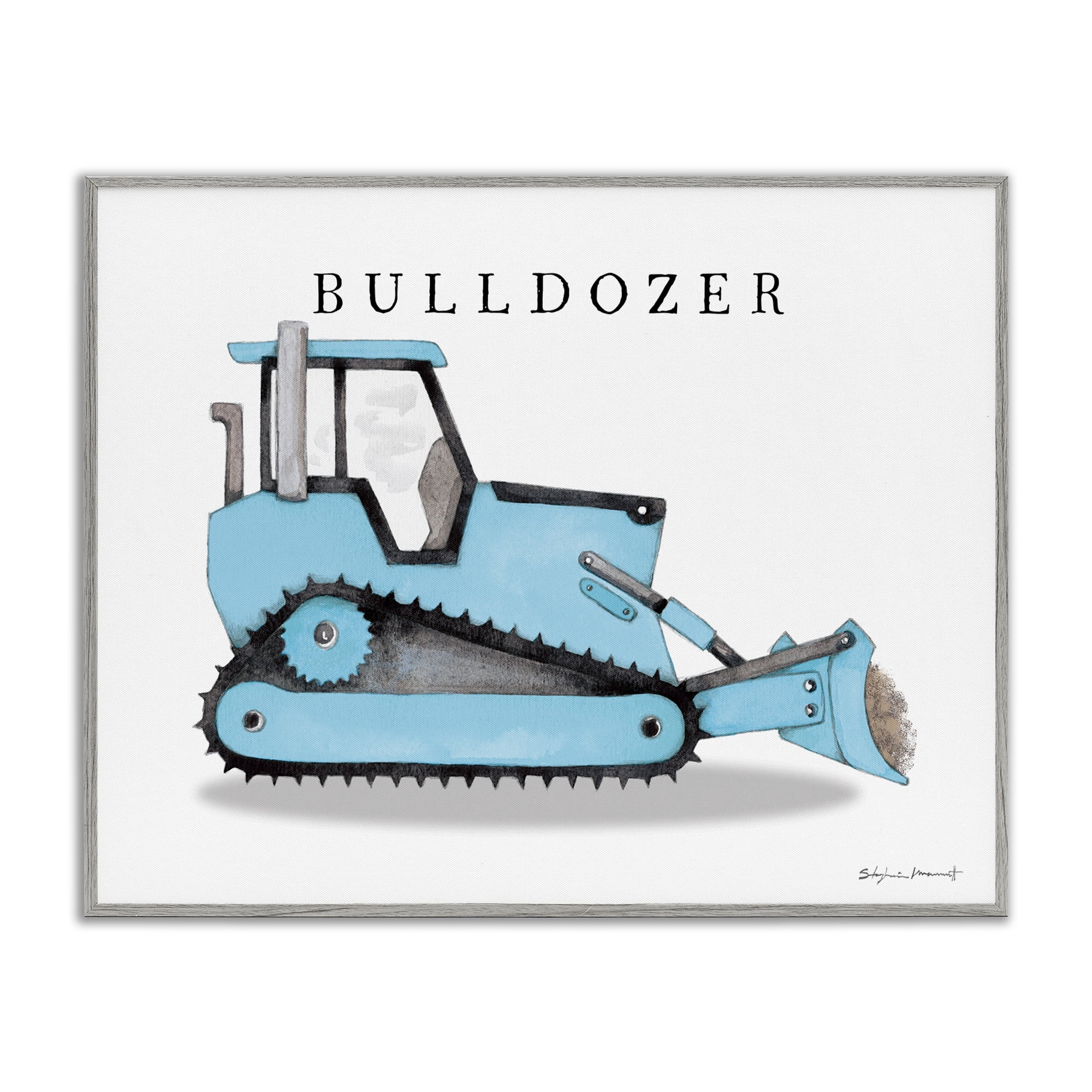 Stupell Industries Blue Bulldozer Construction Machine Art for Kids Painting Gray Framed Art Print Wall Art, 30 x 24