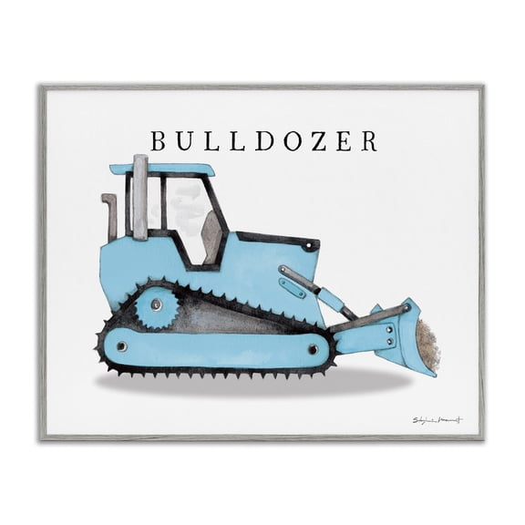 Stupell Industries Blue Bulldozer Construction Machine Art for Kids Painting Gray Framed Art Print Wall Art, 30 x 24