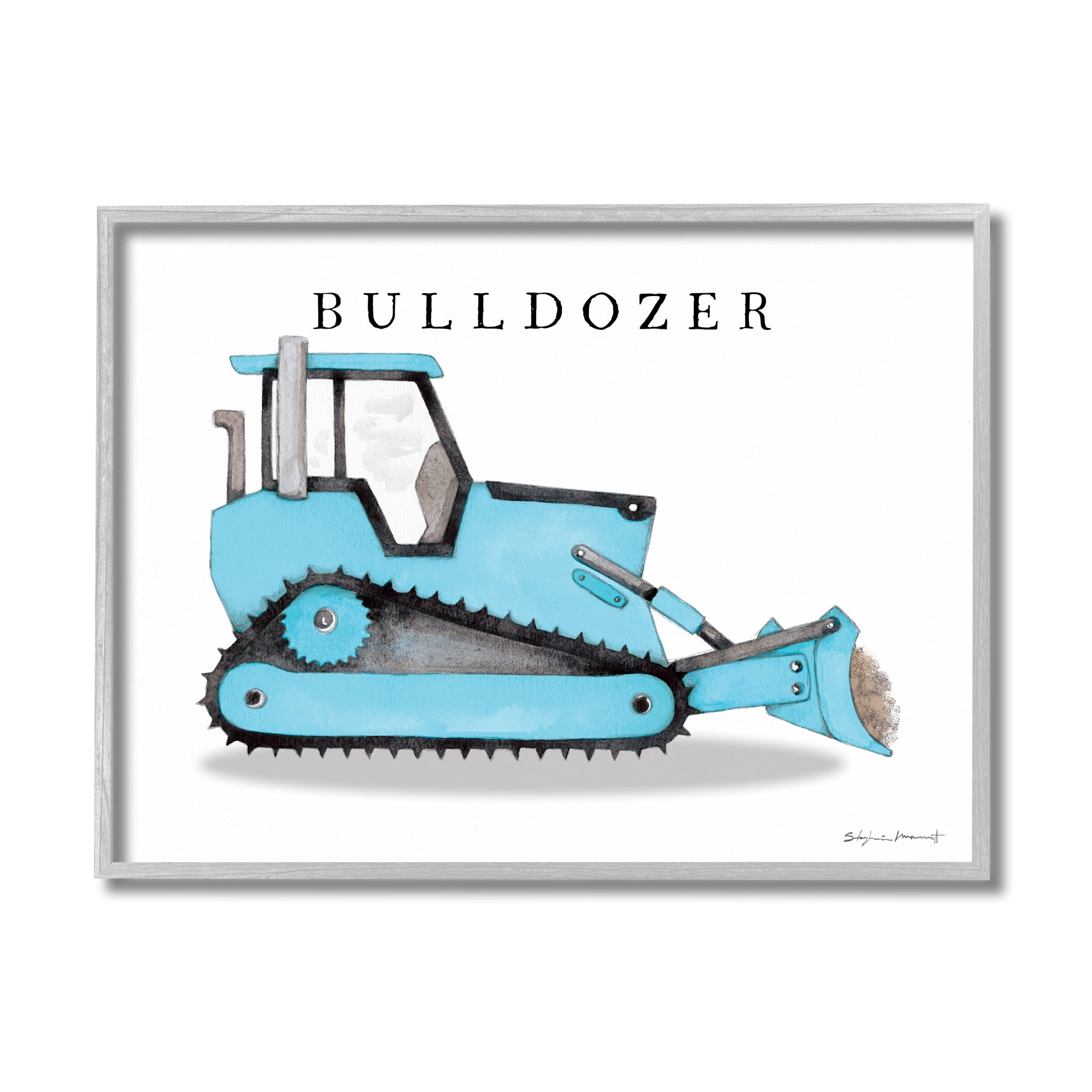 Stupell Industries Blue Bulldozer Machine Classic Construction Truck Transportation Painting Gray Framed Art Print Wall Art, 11 x 14