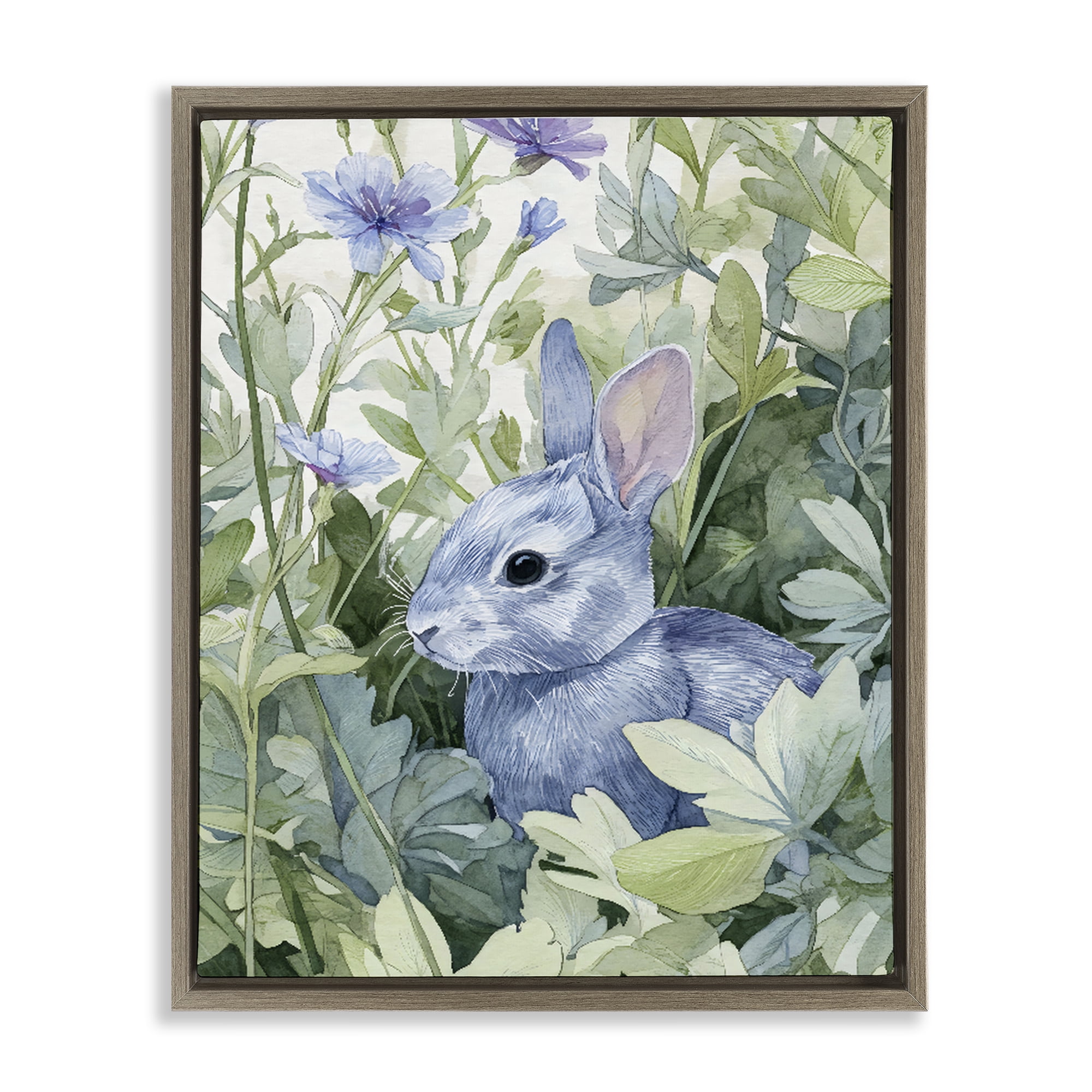Stupell Industries Blue Bunny Among Leaves Brown Framed Floater Canvas Wall Art, design by Franklyn Gregory