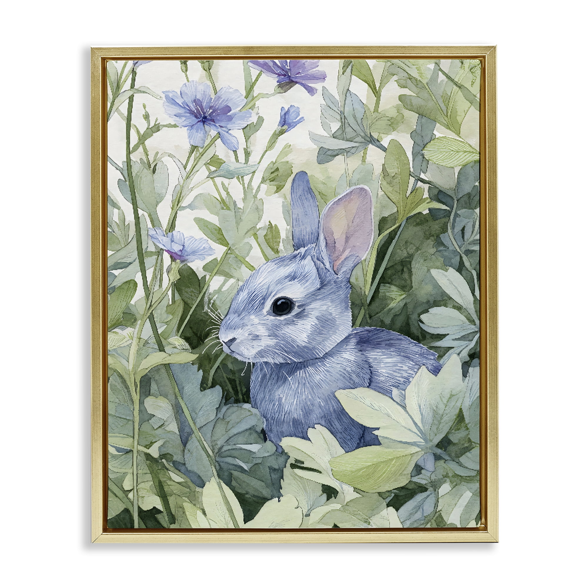 Stupell Industries Blue Bunny Among Leaves Gold Framed Floater Canvas Wall Art, design by Franklyn Gregory