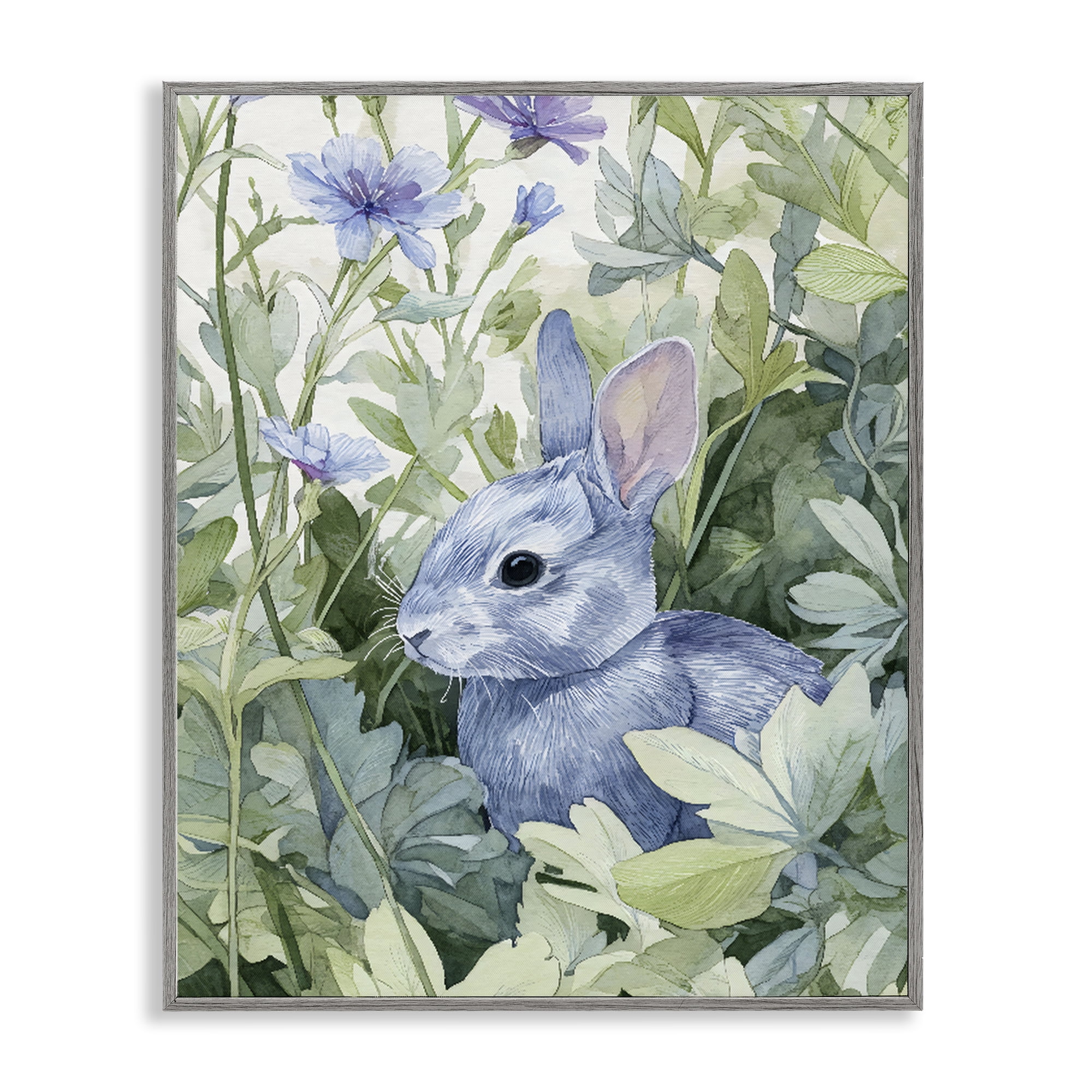 Stupell Industries Blue Bunny Among Leaves Gray Framed Giclee Art, design by Franklyn Gregory