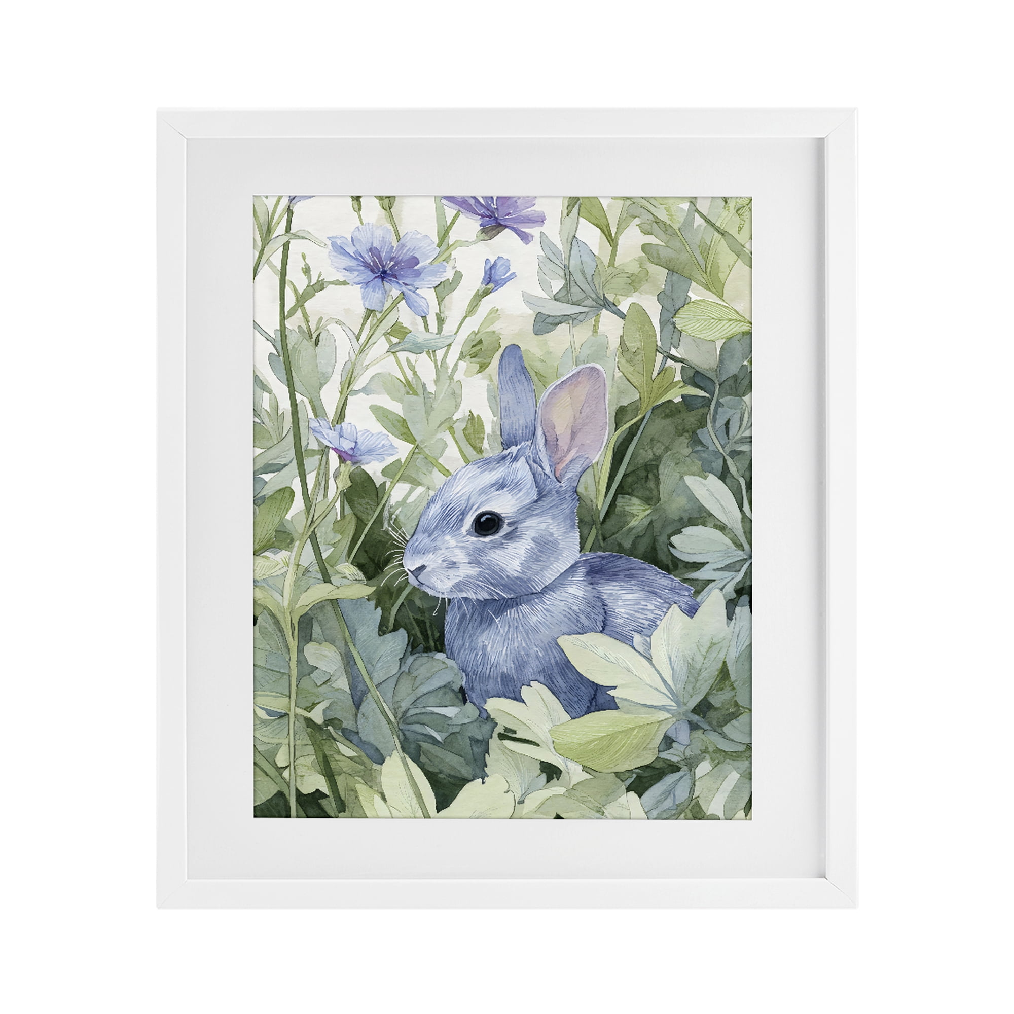 Stupell Industries Blue Bunny Among Leaves White Framed Print Under Glass, design by Franklyn Gregory