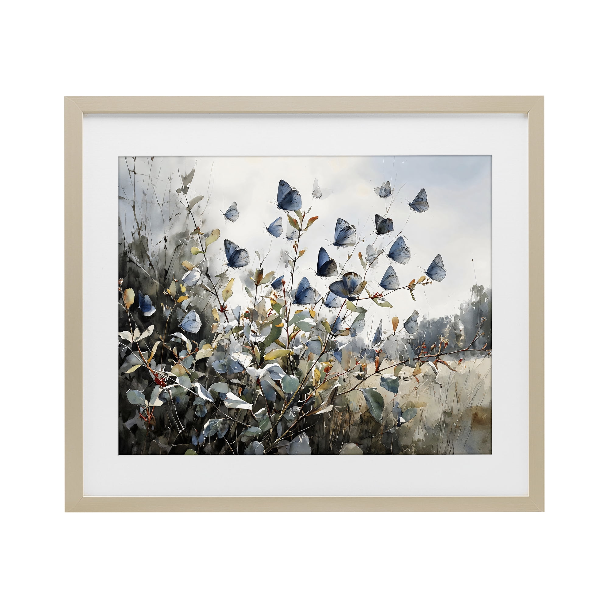 Stupell Industries Blue Butterflies Among Meadow Leaves Birch Framed Print Under Glass, design by Franklyn Gregory
