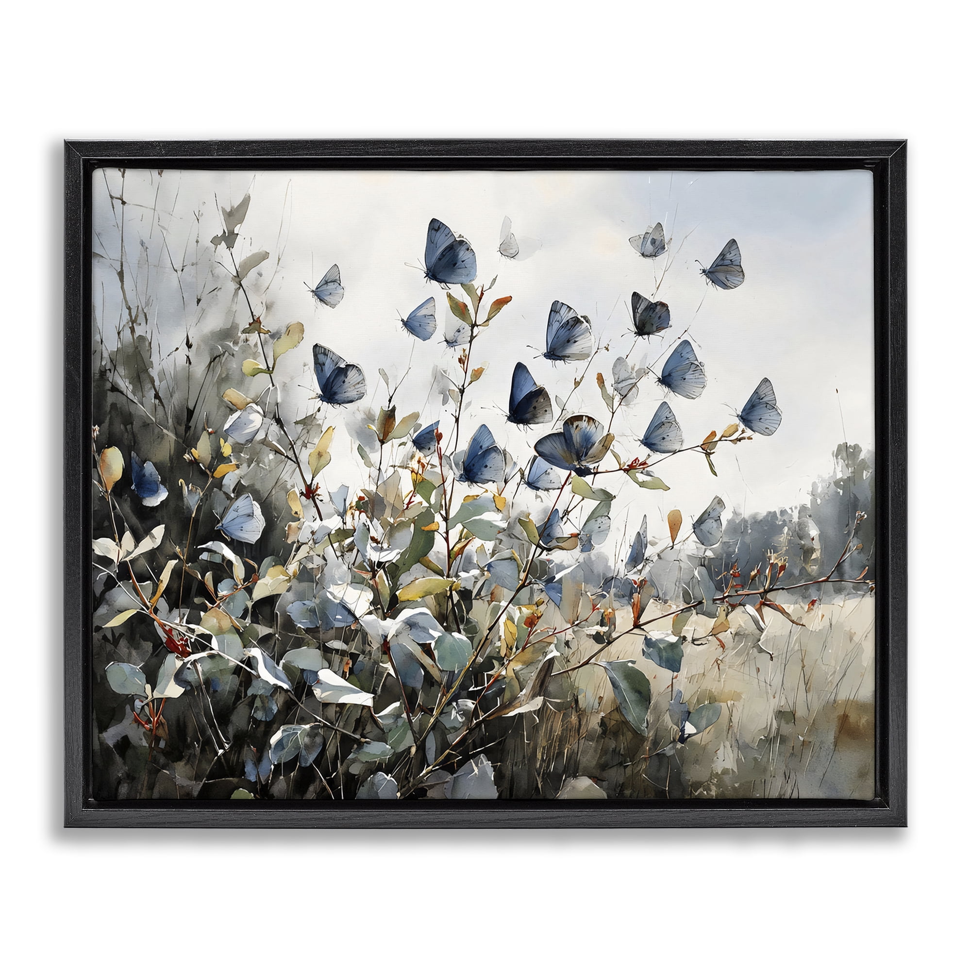 Stupell Industries Blue Butterflies Among Meadow Leaves Black Framed Floater Canvas Wall Art, design by Franklyn Gregory