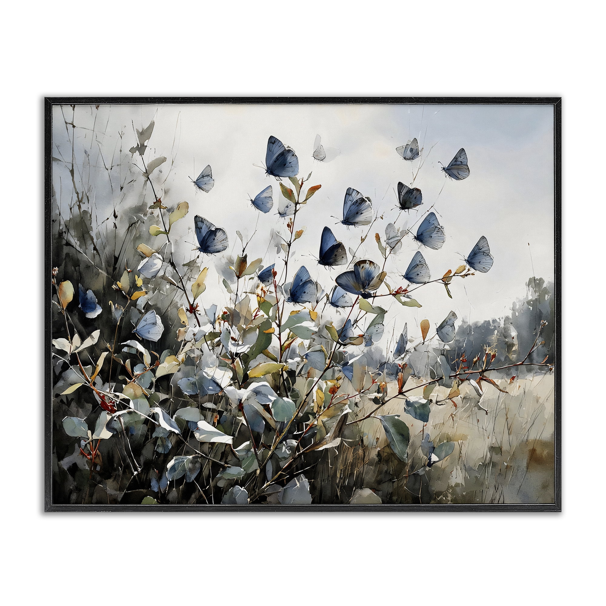 Stupell Industries Blue Butterflies Among Meadow Leaves Black Framed Giclee Art, design by Franklyn Gregory
