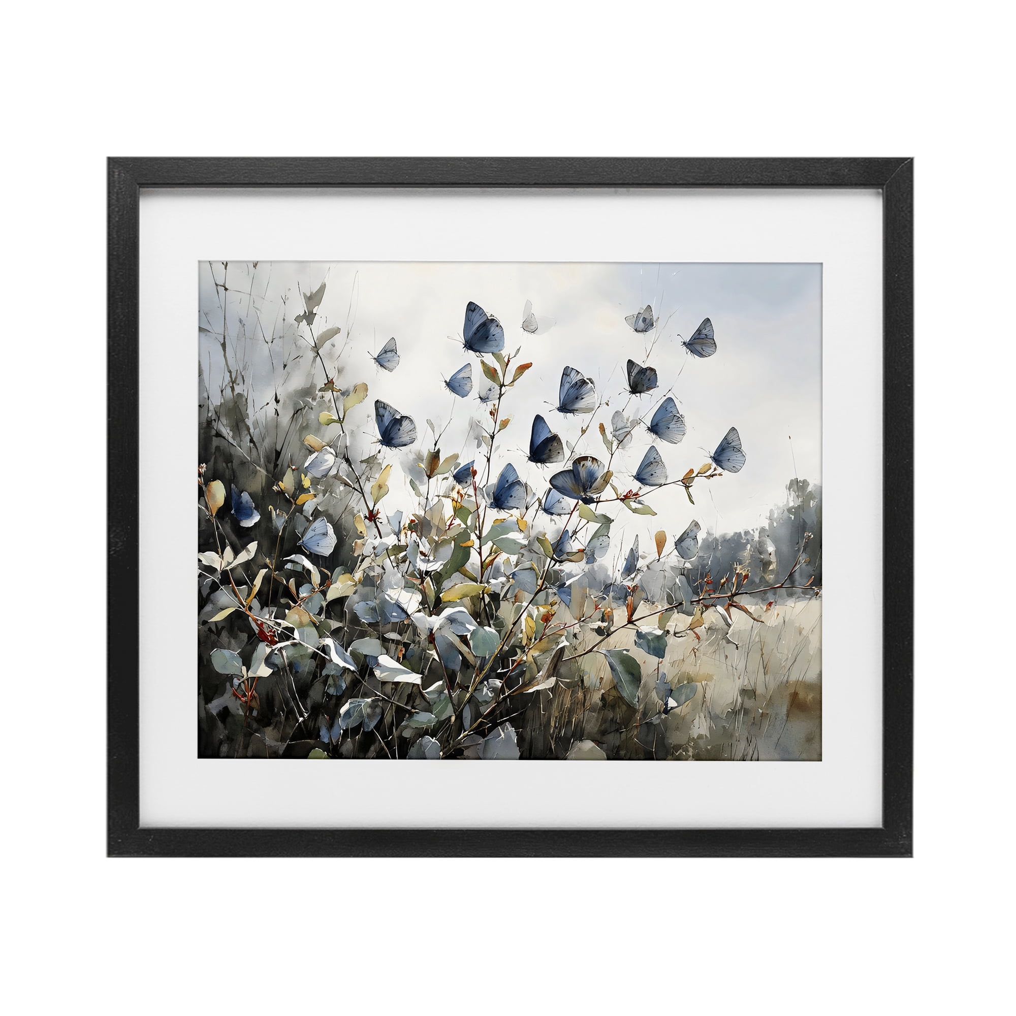 Stupell Industries Blue Butterflies Among Meadow Leaves Black Framed Print Under Glass, design by Franklyn Gregory