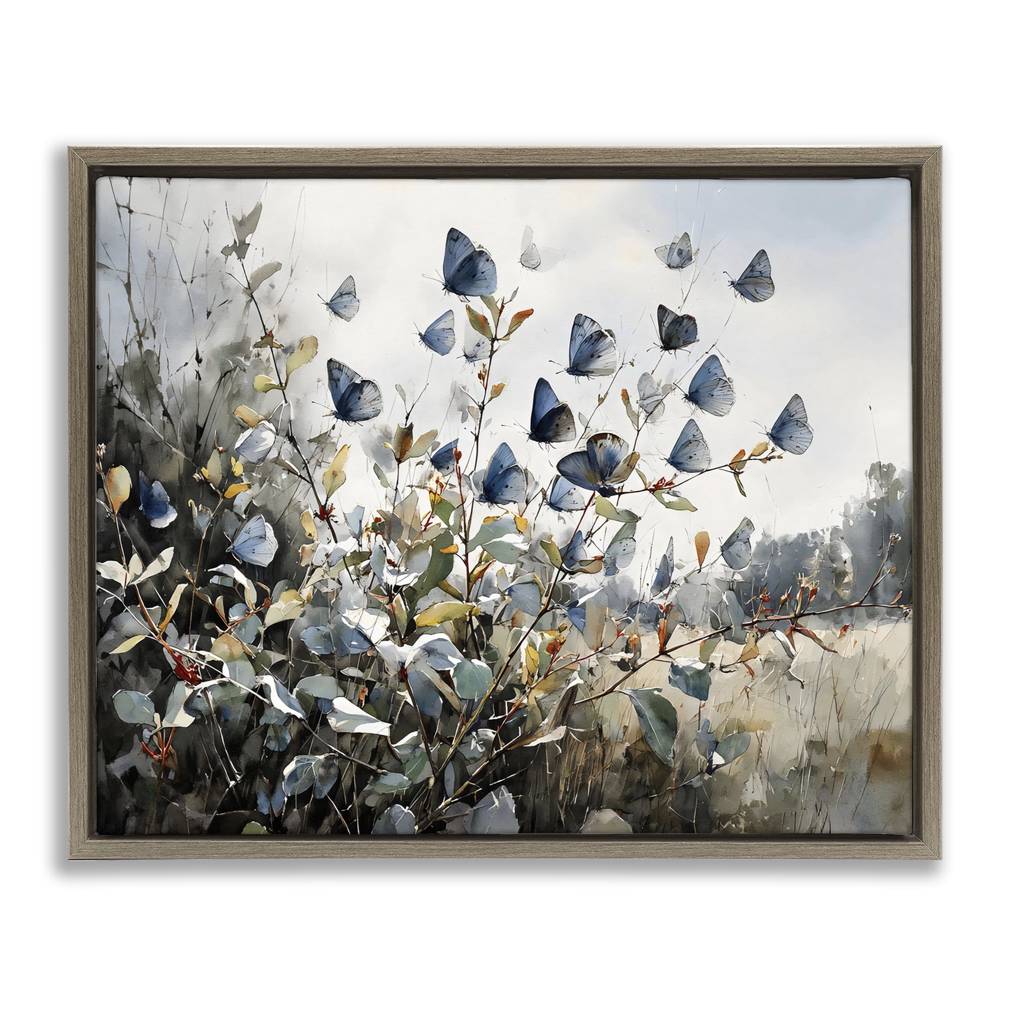 Stupell Industries Blue Butterflies Among Meadow Leaves Brown Framed Floater Canvas Wall Art, design by Franklyn Gregory