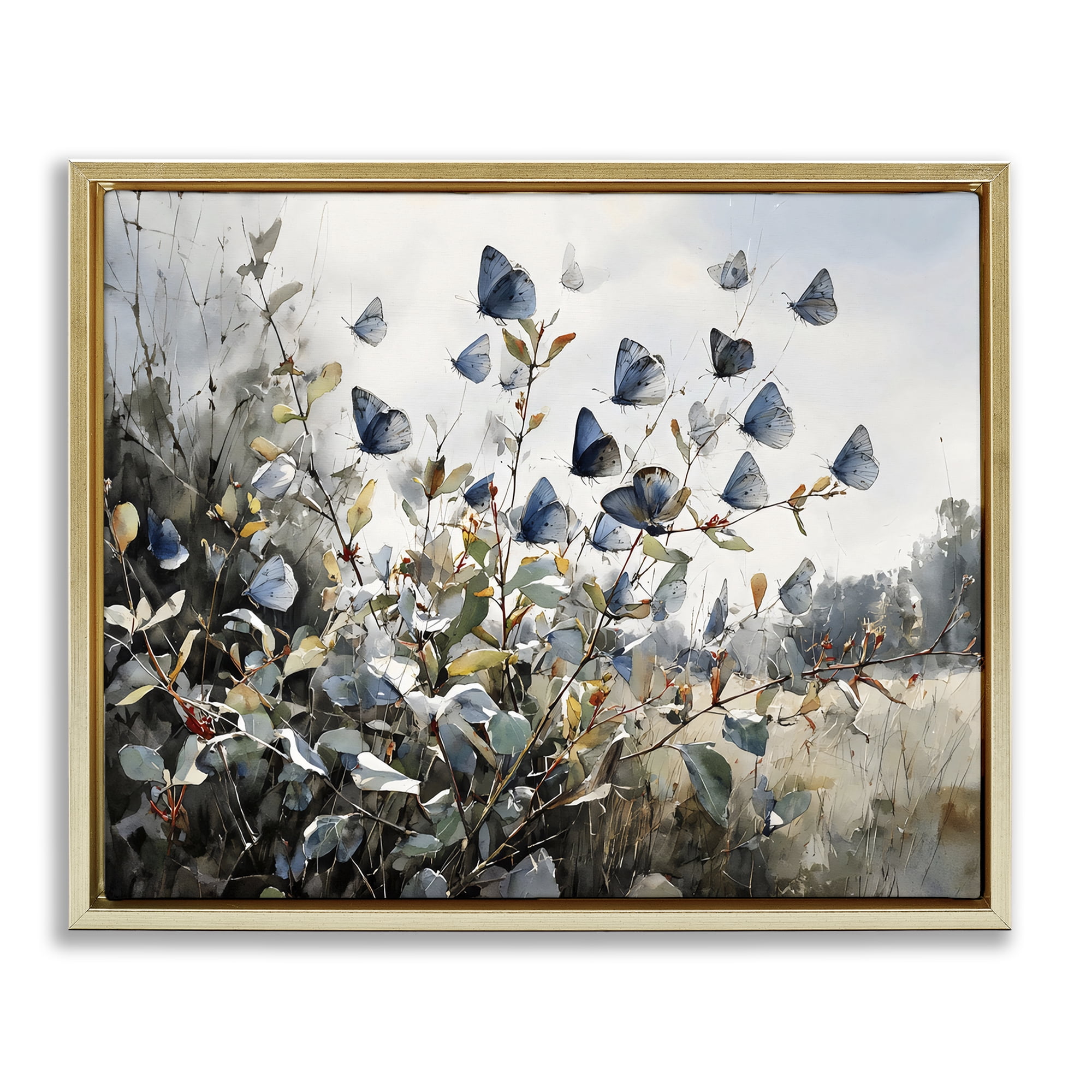 Stupell Industries Blue Butterflies Among Meadow Leaves Gold Framed Floater Canvas Wall Art, design by Franklyn Gregory