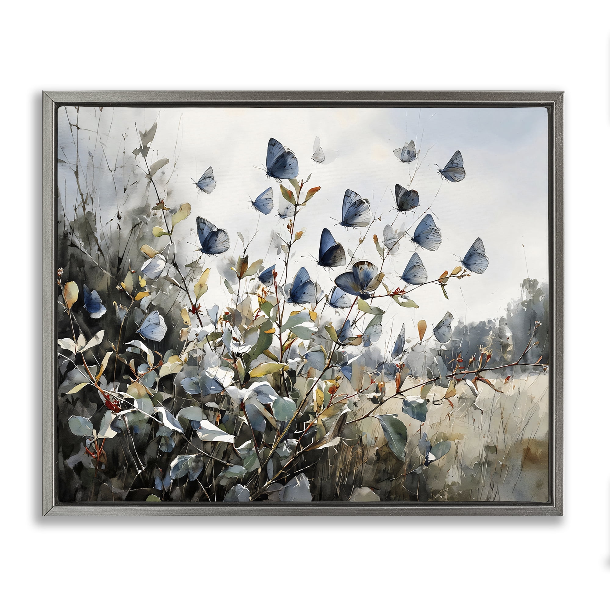 Stupell Industries Blue Butterflies Among Meadow Leaves Gray Framed Floater Canvas Wall Art, design by Franklyn Gregory
