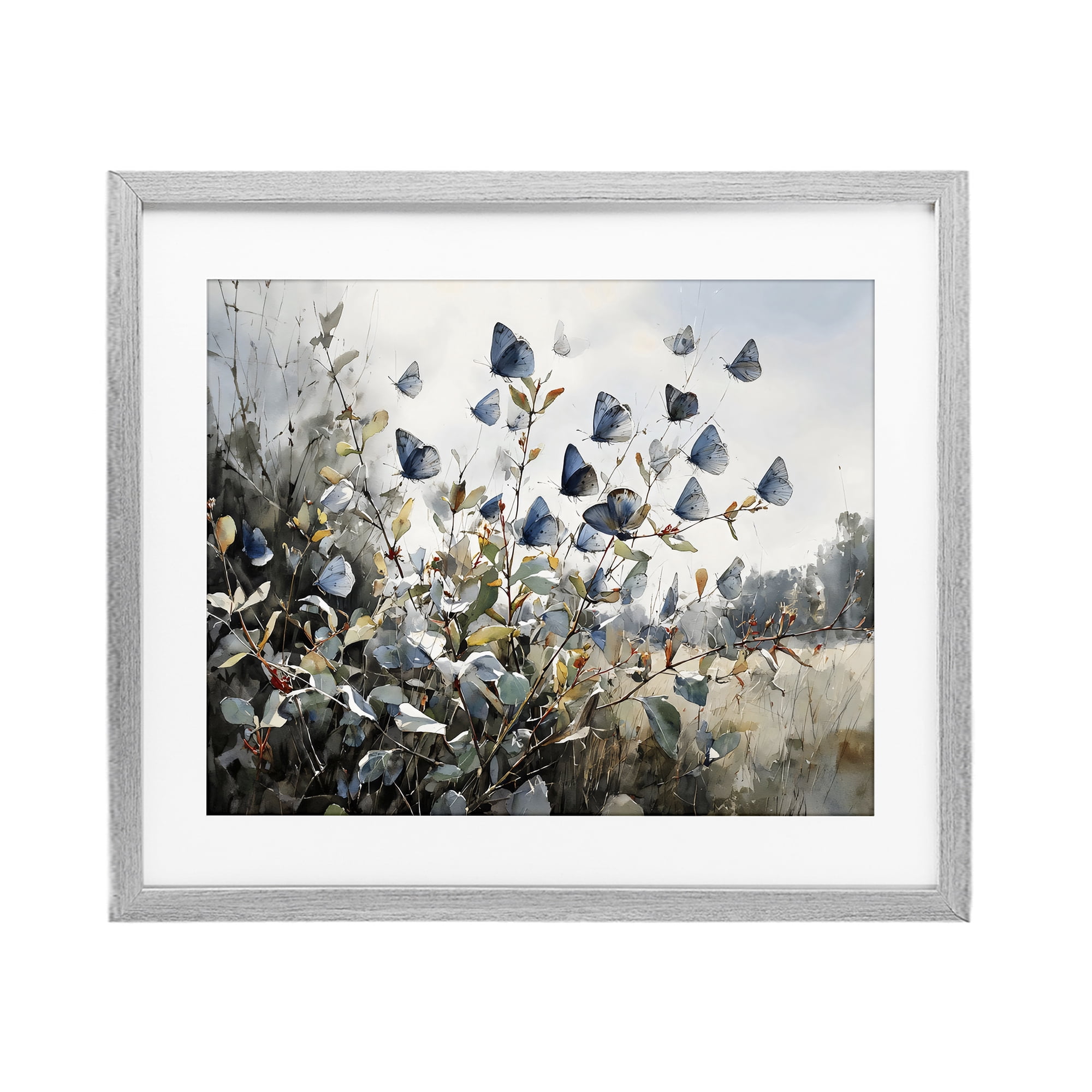 Stupell Industries Blue Butterflies Among Meadow Leaves Gray Framed Print Under Glass, design by Franklyn Gregory