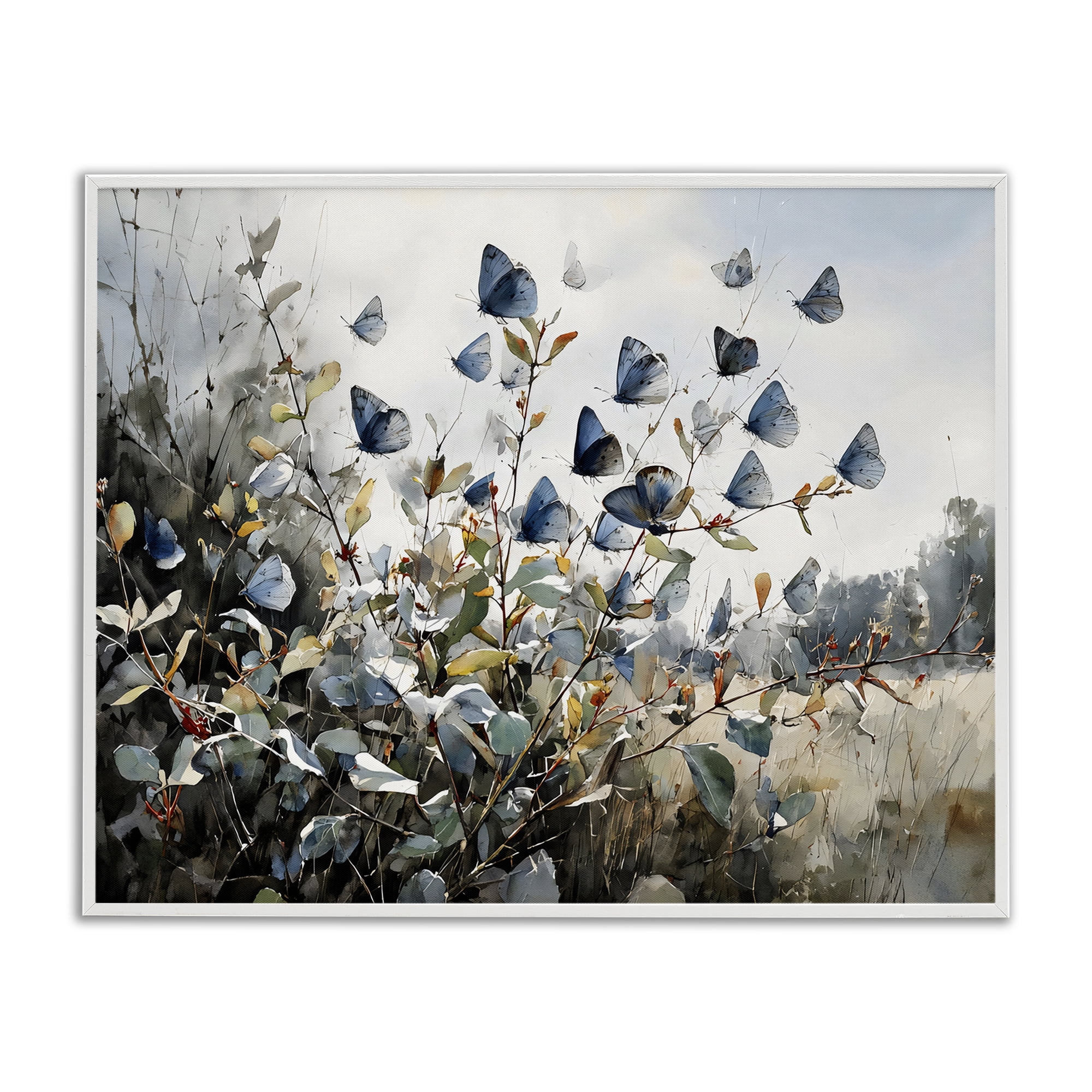 Stupell Industries Blue Butterflies Among Meadow Leaves White Framed Giclee Art, design by Franklyn Gregory