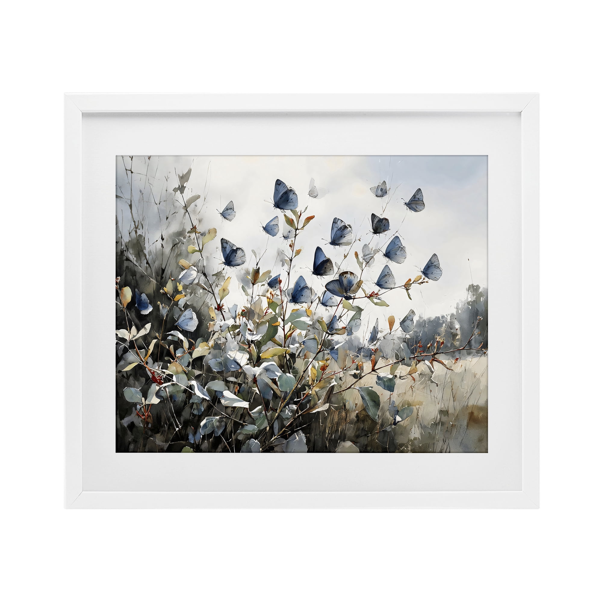 Stupell Industries Blue Butterflies Among Meadow Leaves White Framed Print Under Glass, design by Franklyn Gregory