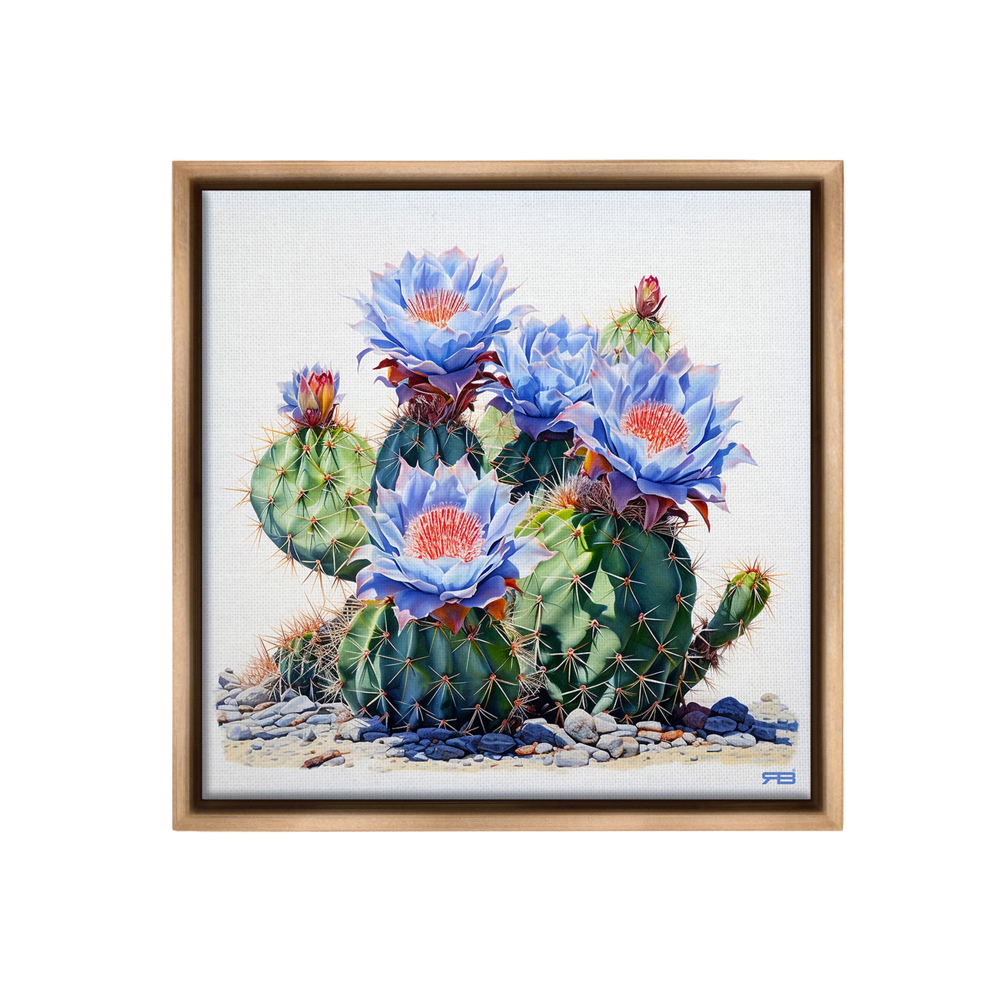 Stupell Industries Blue Cactus Blossoms Botanical & Floral Painting Brown Floater Framed Canvas Art Print Wall Art, 25 x 25