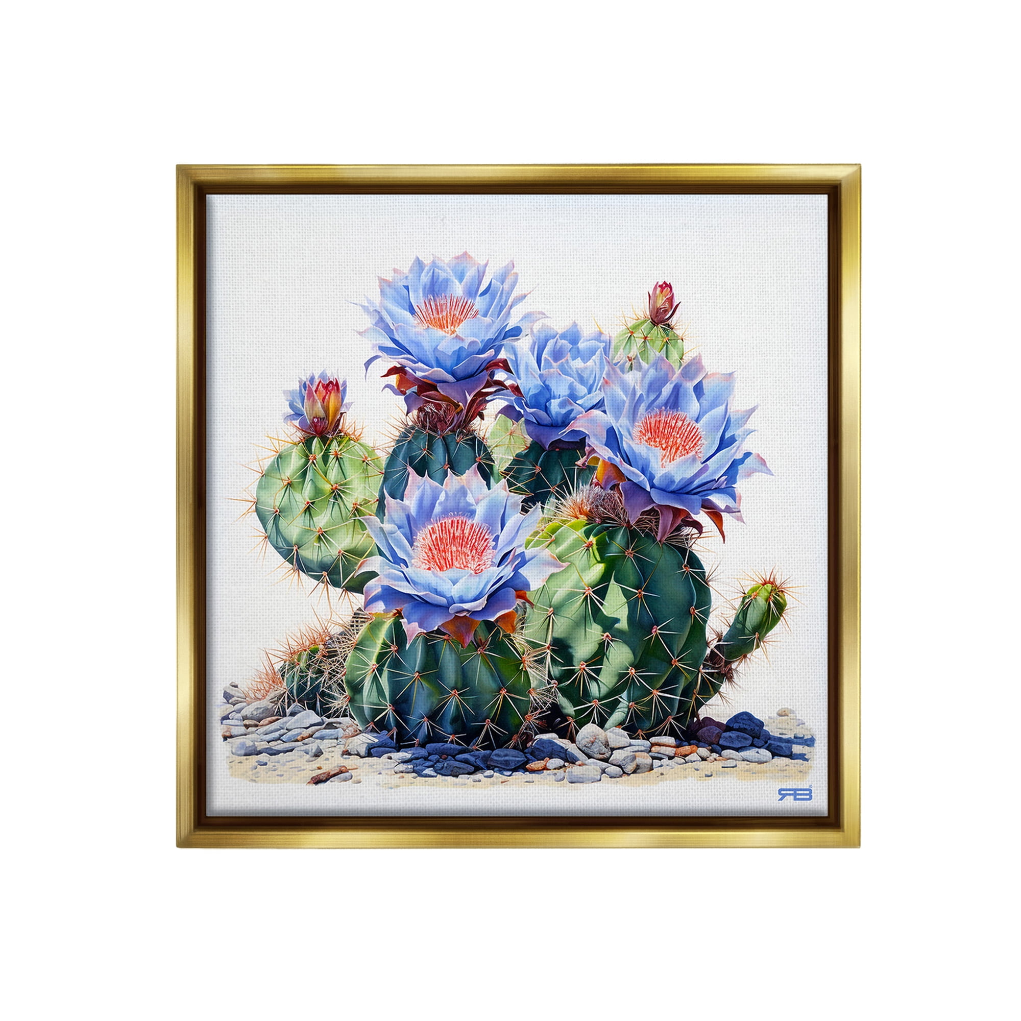 Stupell Industries Blue Cactus Blossoms Botanical & Floral Painting Gold Floater Framed Canvas Art Print Wall Art, 18 x 18