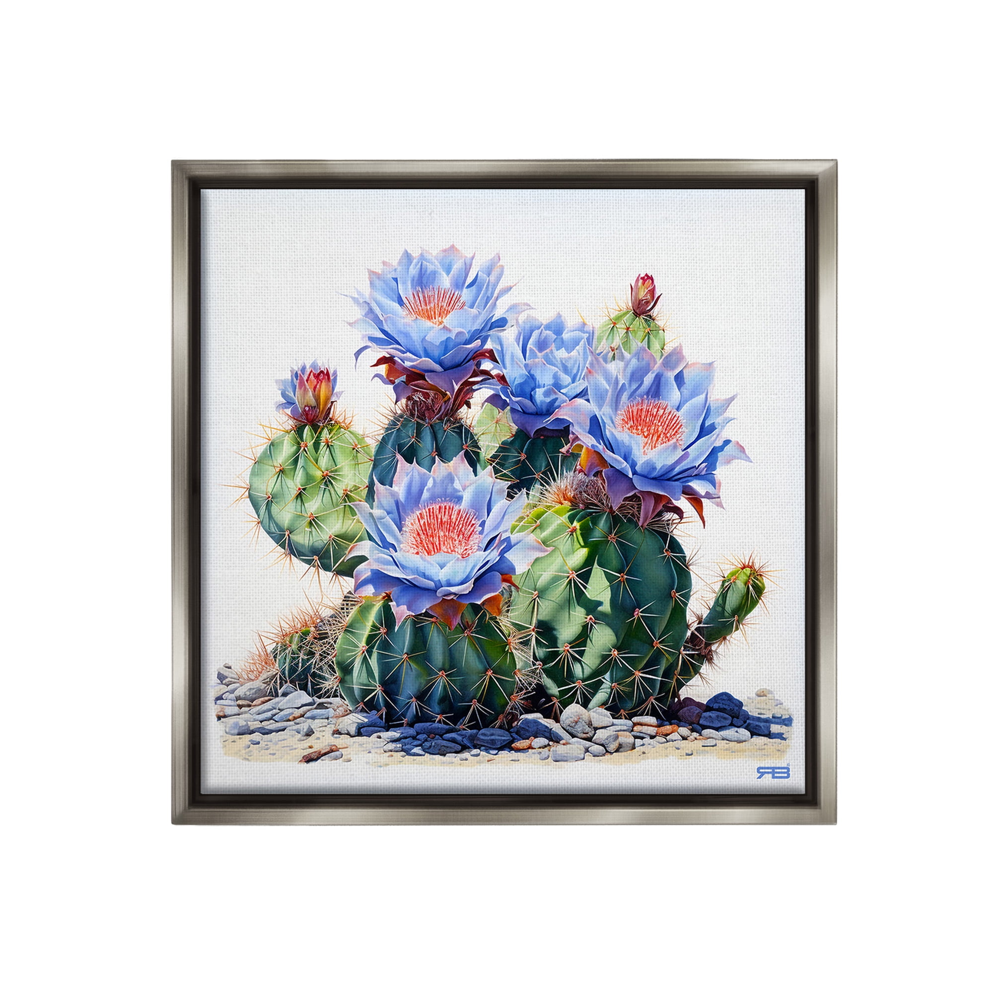 Stupell Industries Blue Cactus Blossoms Botanical & Floral Painting Gray Floater Framed Canvas Art Print Wall Art, 25 x 25