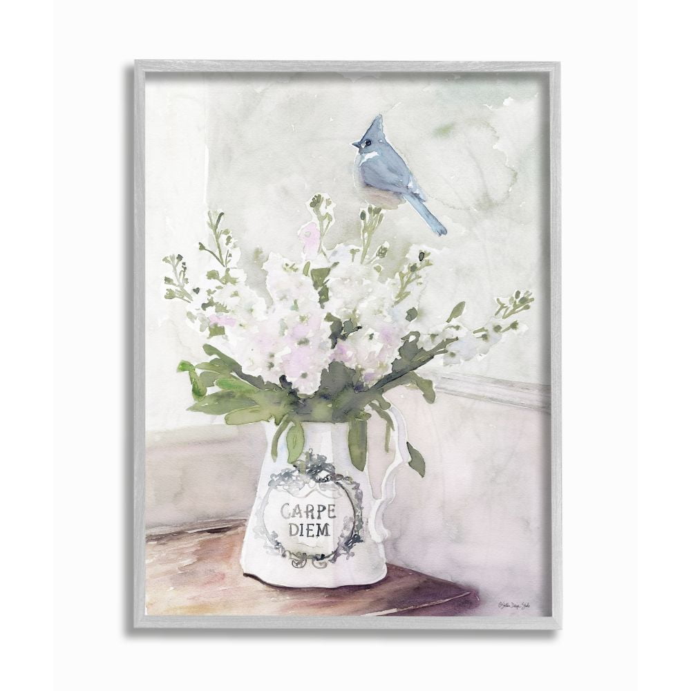 Stupell Industries Blue Cardinal on Spring Bouquet Carpe Diem Watercolor Framed Wall Art Design by Stellar Design Studio, 11" x 14", Gray Framed