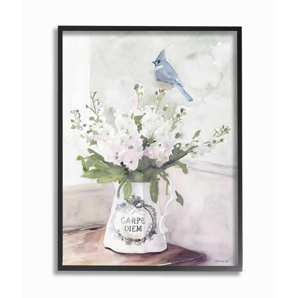 Stupell Industries Blue Cardinal on Spring Bouquet Carpe Diem Watercolor Framed Wall Art Design by Stellar Design Studio, 16" x 20", Black Framed