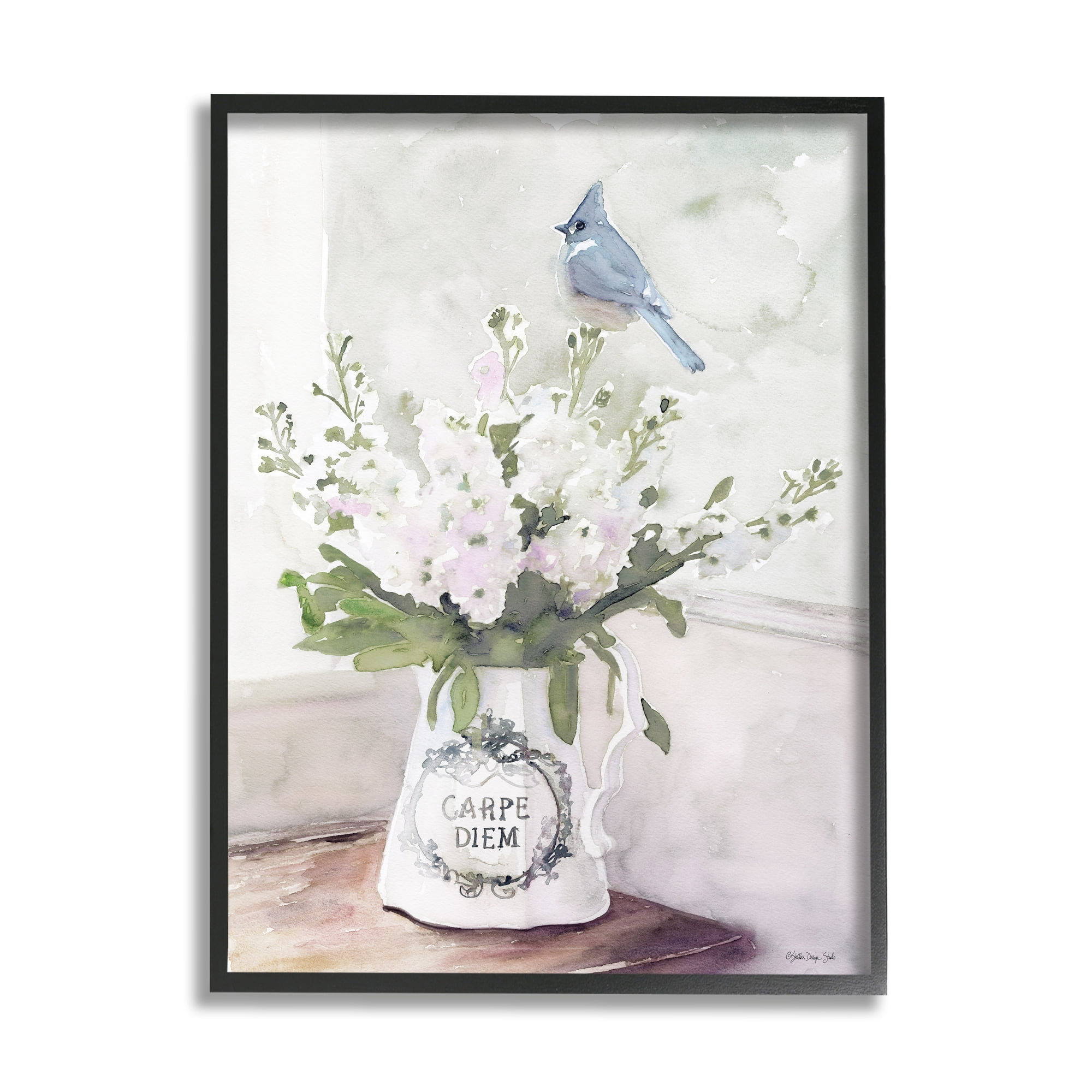 Stupell Industries Blue Cardinal on Spring Bouquet Carpe Diem Watercolor Framed Wall Art Design by Stellar Design Studio, 24" x 30", Black Framed